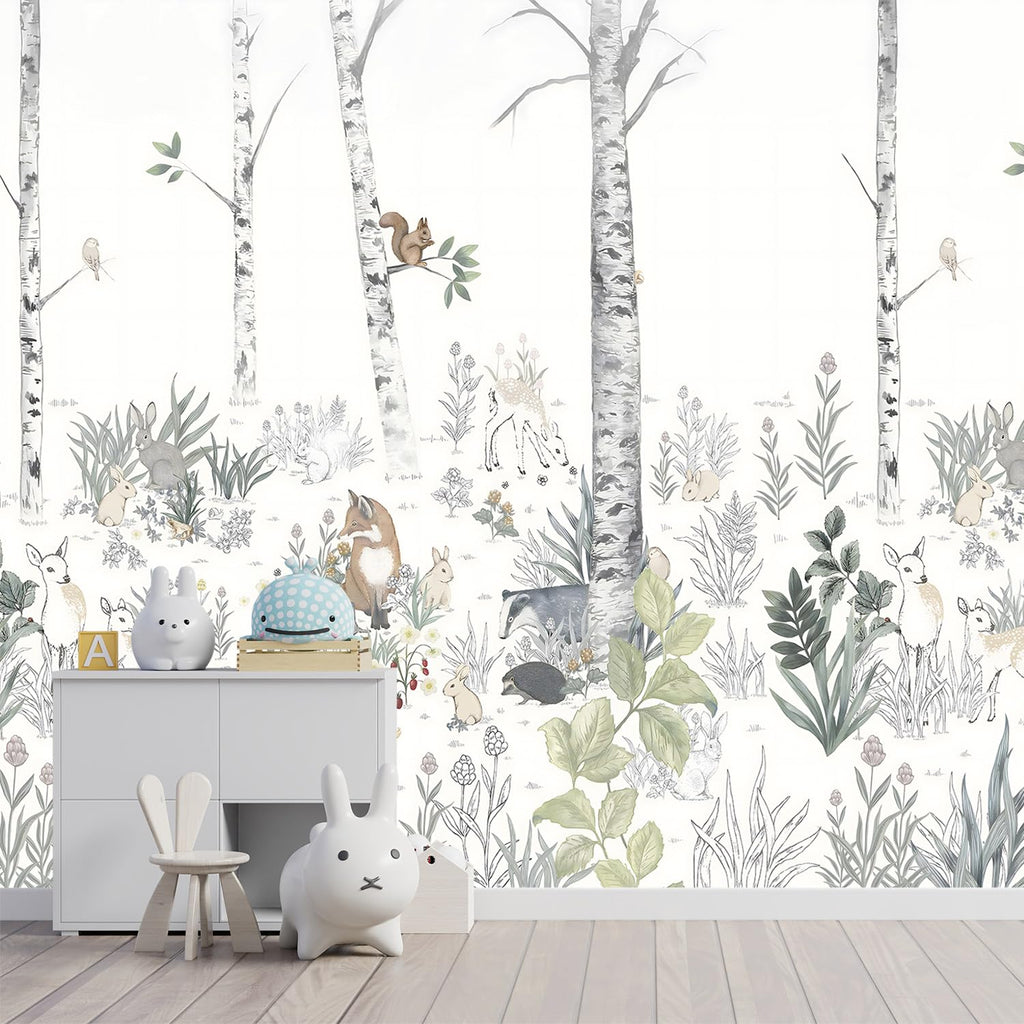 YQWDMX -Nursery Cartoon Woods Hand-Painted Animal Wallpaper Children's Room XT10 S 100" x 65"