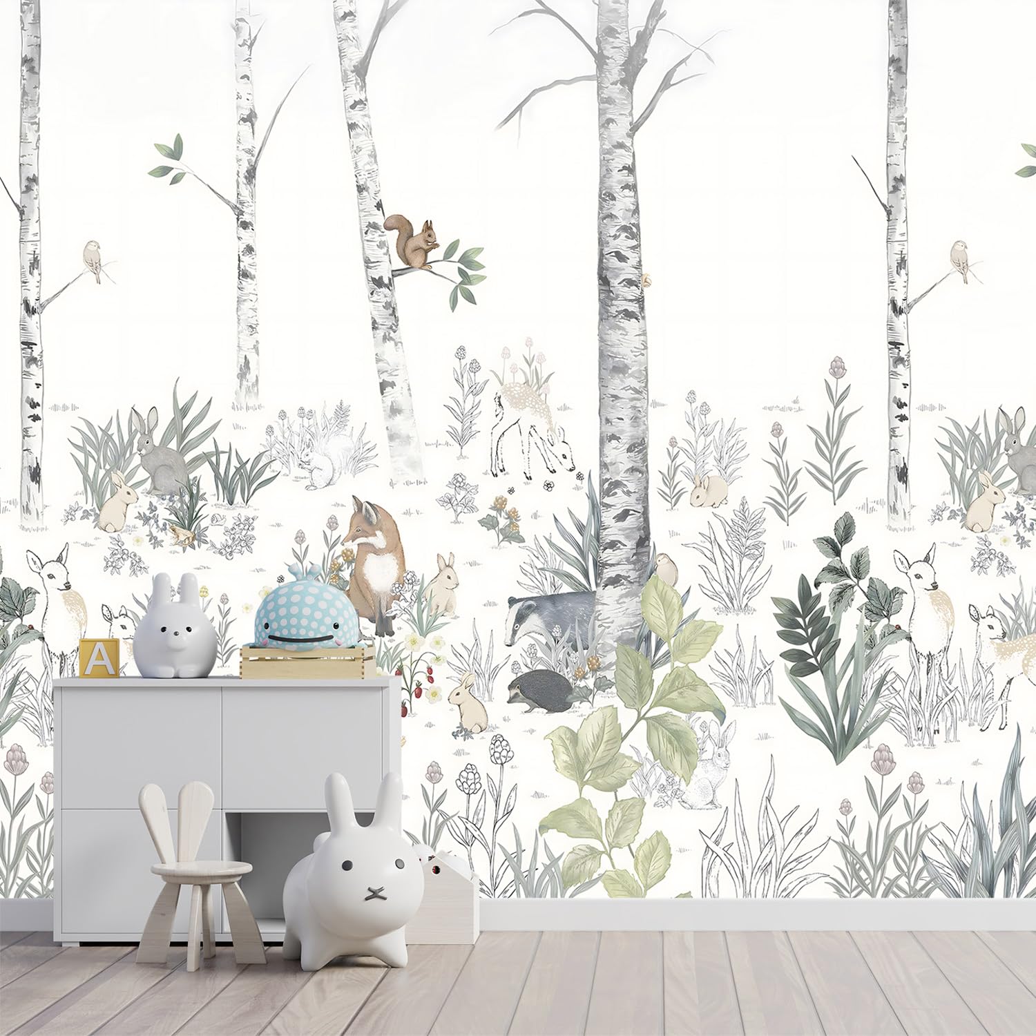 YQWDMX -Nursery Cartoon Woods Hand-Painted Animal Wallpaper Children's Room XT10 S 100" x 65"