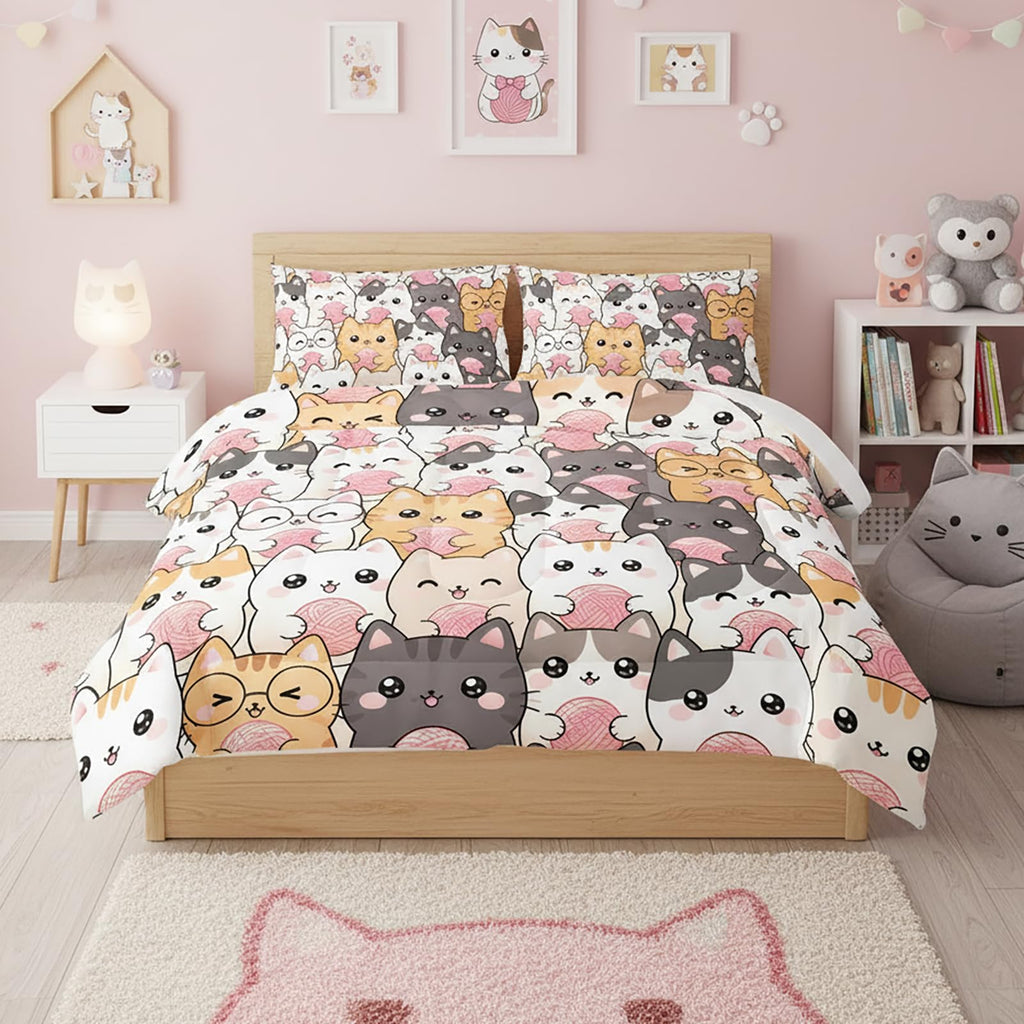 QOOMO Floral Cat Comforter Twin Size,Pink Cat Bedding Set for Kids Teens Girls,3Pcs Bedding Set Printed Comforter with 2 Pillowcases,Down Alternative,Soft and Lightweight(Pink，Twin Size)