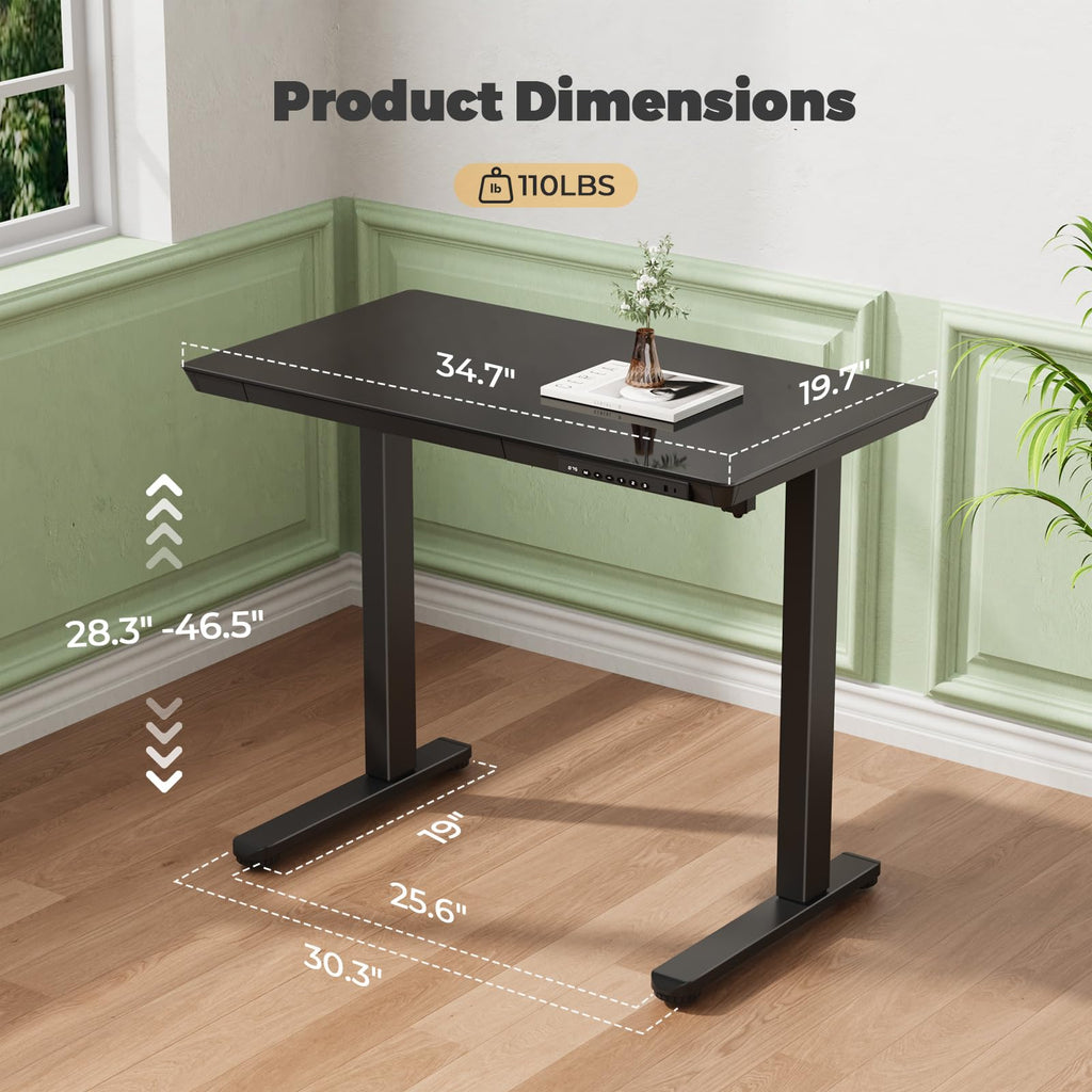 Glass Electric Standing Desk with Drawer, 35" x 20" Whole Piece Tabletop Samll Sit Stand Table, Height Adjustable Workstation with Storage & USB Ports, Quick Install Home Office Desk