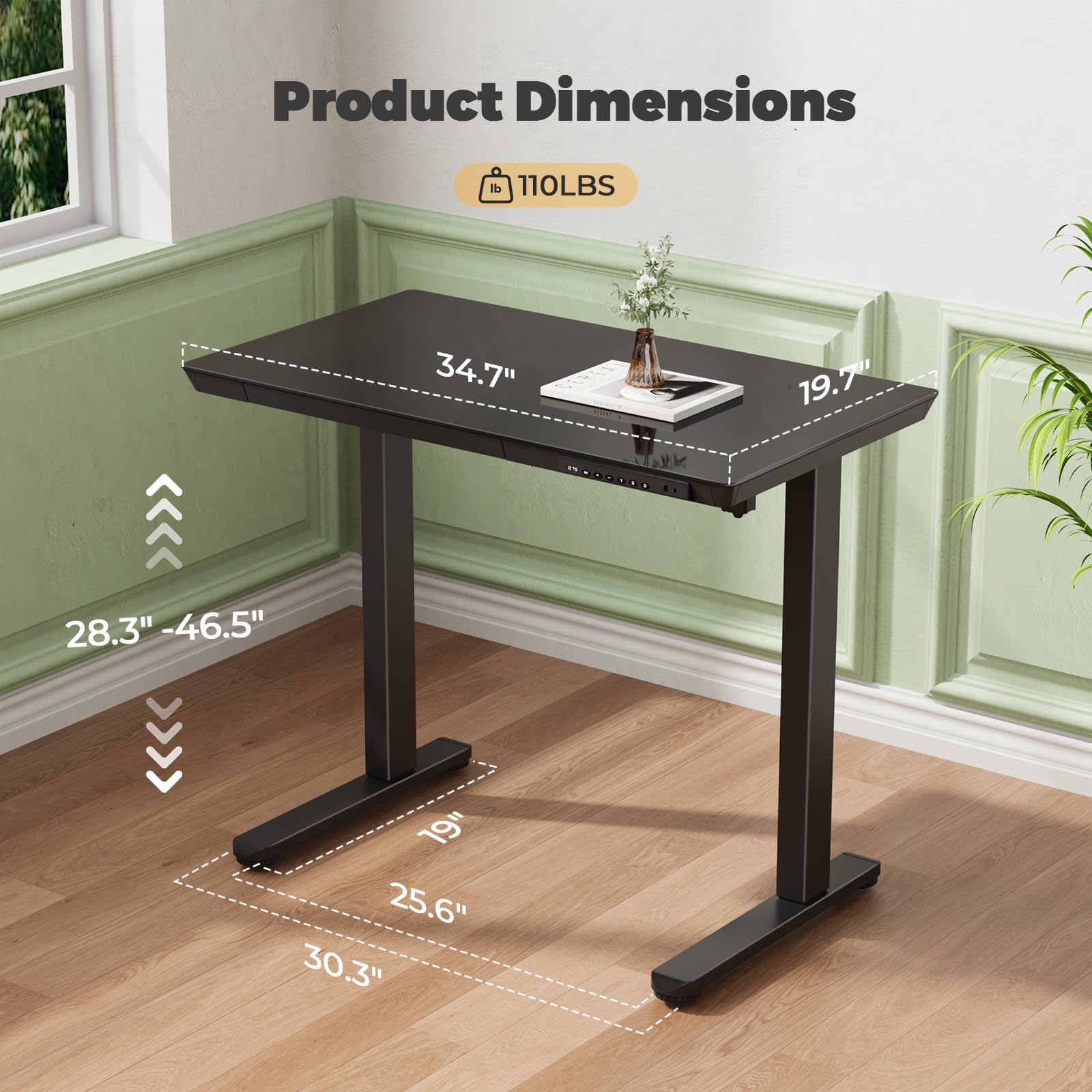 Glass Electric Standing Desk with Drawer, 35" x 20" Whole Piece Tabletop Samll Sit Stand Table, Height Adjustable Workstation with Storage & USB Ports, Quick Install Home Office Desk