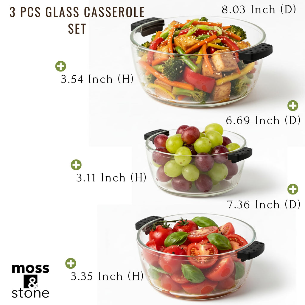 Moss & Stone 6-Piece Clear Glass Casserole Dishes for Oven With Lids, Durable Tempered Borosilicate Glass Bakeware Set, Microwave Safe, 3 Round Sizes for Cooking, Serving & Storage