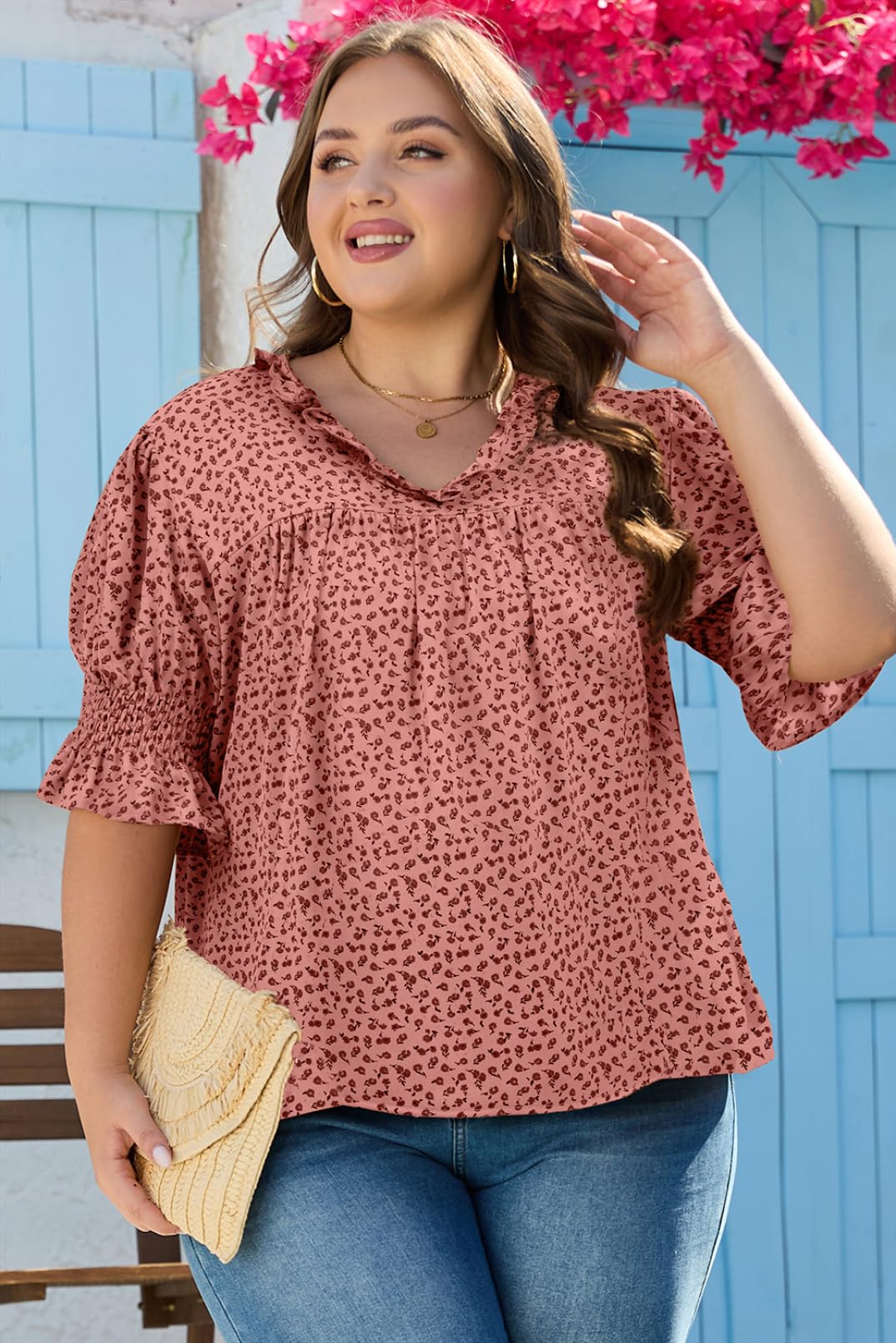 Eytino Plus Size Tops for Women Summer V Neck Short Sleeve Boho Floral Printed Flowy Chiffon Shirts Blouse(1X-5X)