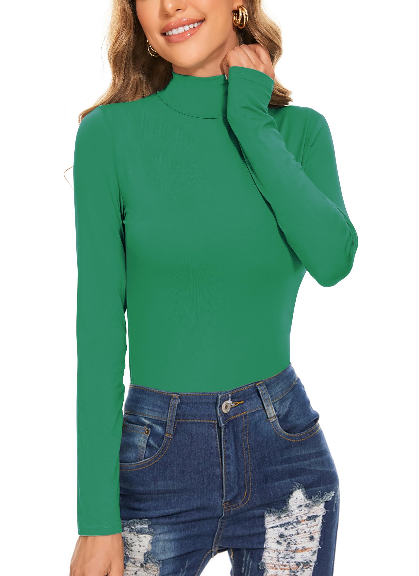 Women's Long Sleeve Mock Turtleneck Tops Casual Slim Fitted Lightweight Under Layer Pullover Shirts