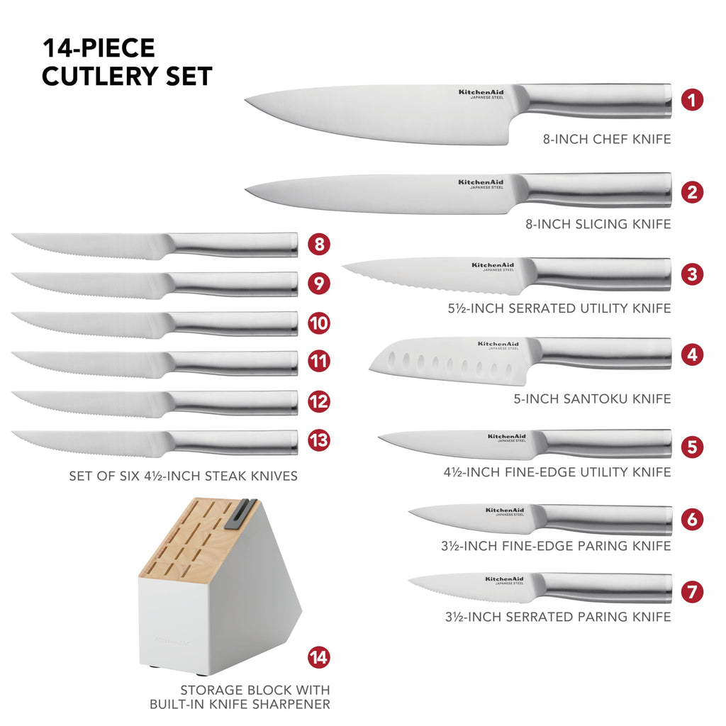 KitchenAid Gourmet Knife Block Set with Built-in Sharpener, 15-Piece, Stainless Steel