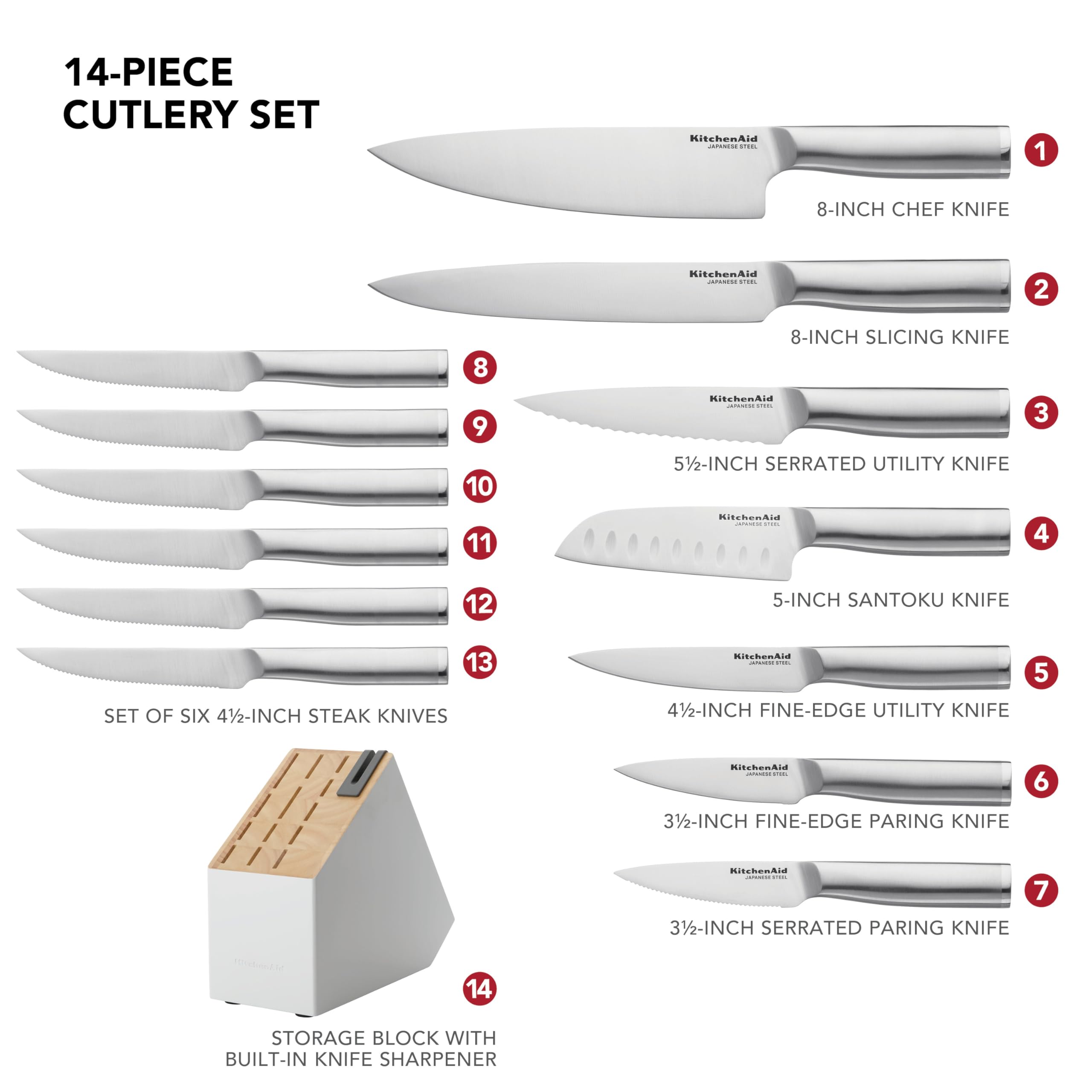 KitchenAid Gourmet Knife Block Set with Built-in Sharpener, 15-Piece, Stainless Steel