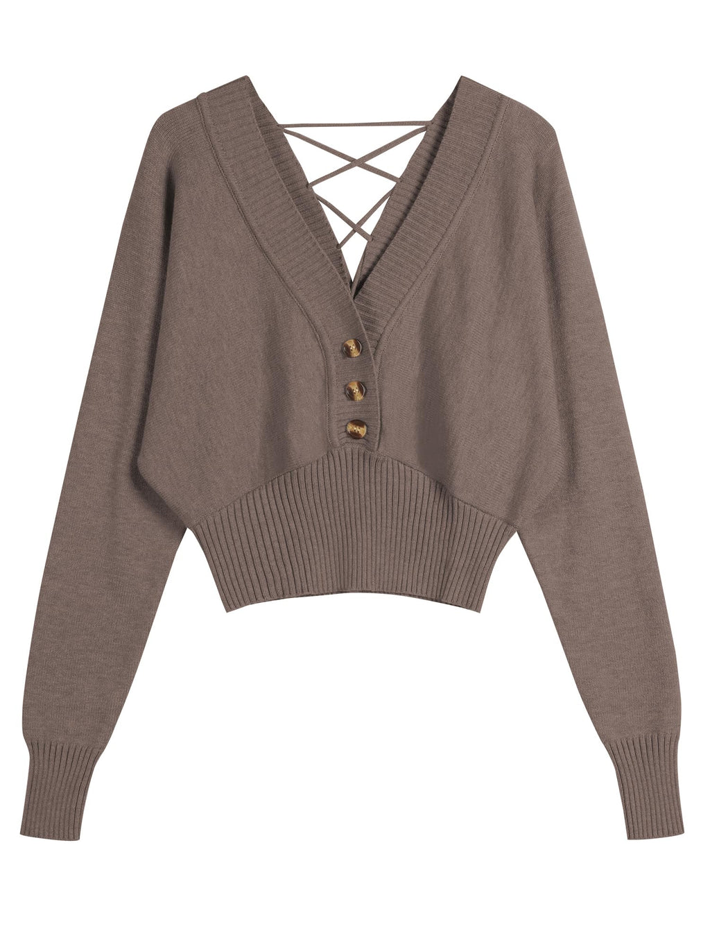 ZAFUL Women V Neck Button Knit Crop Sweaters Batwing Sleeve V Back Ribbed Hem Pullover Sweater
