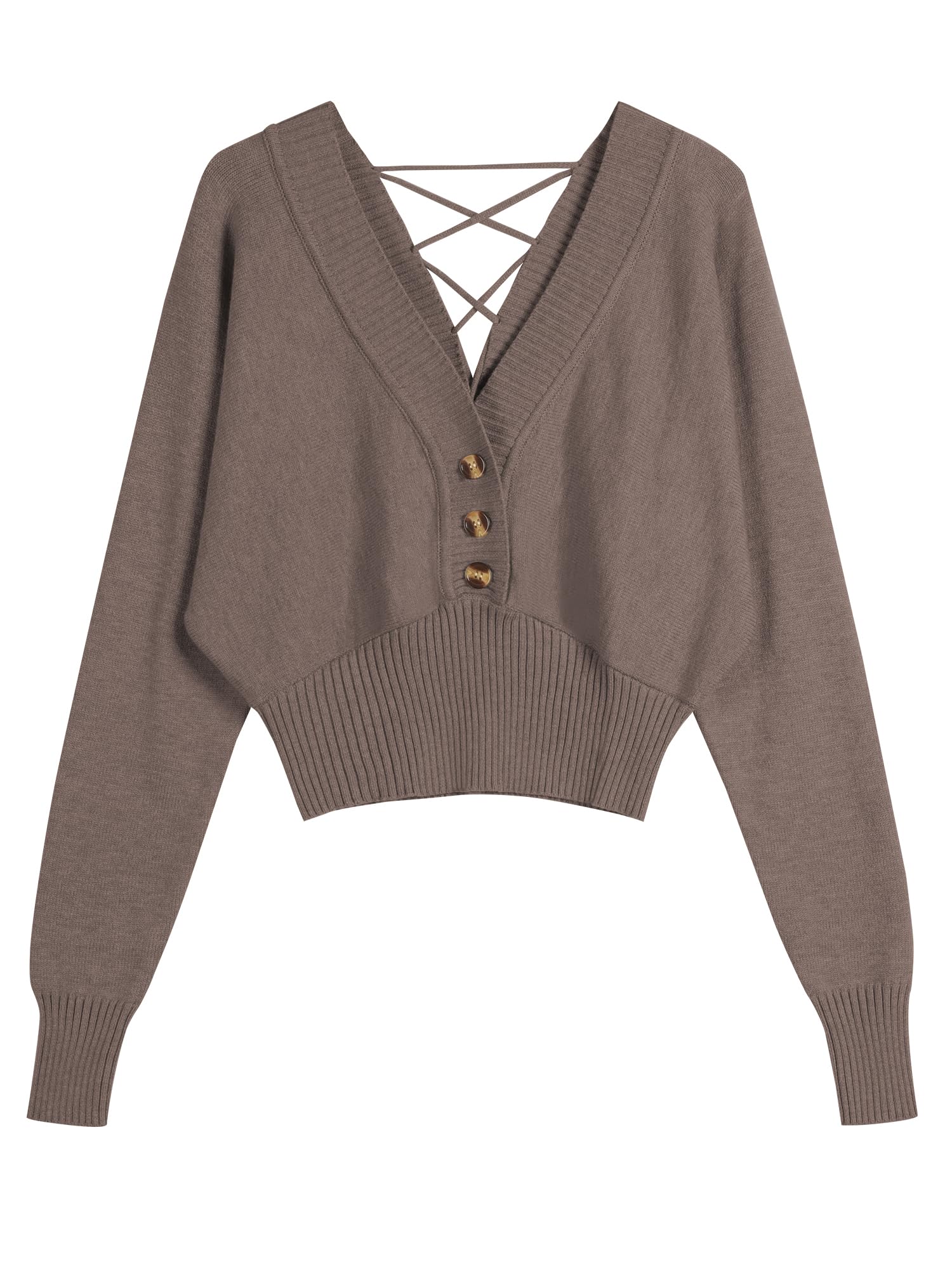 ZAFUL Women V Neck Button Knit Crop Sweaters Batwing Sleeve V Back Ribbed Hem Pullover Sweater