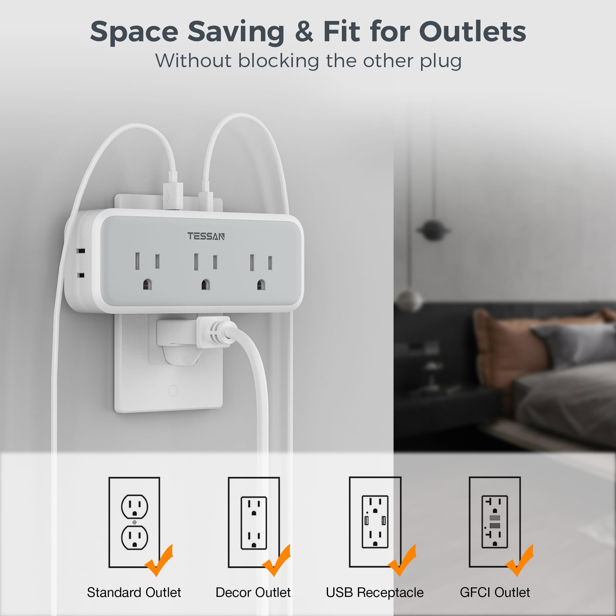 Multi Plug Outlet Extender, TESSAN Surge Protector Wall Plug Splitter with 5 Electrical Outlet Expander, Multiple Plug Adapter for Travel Home Office