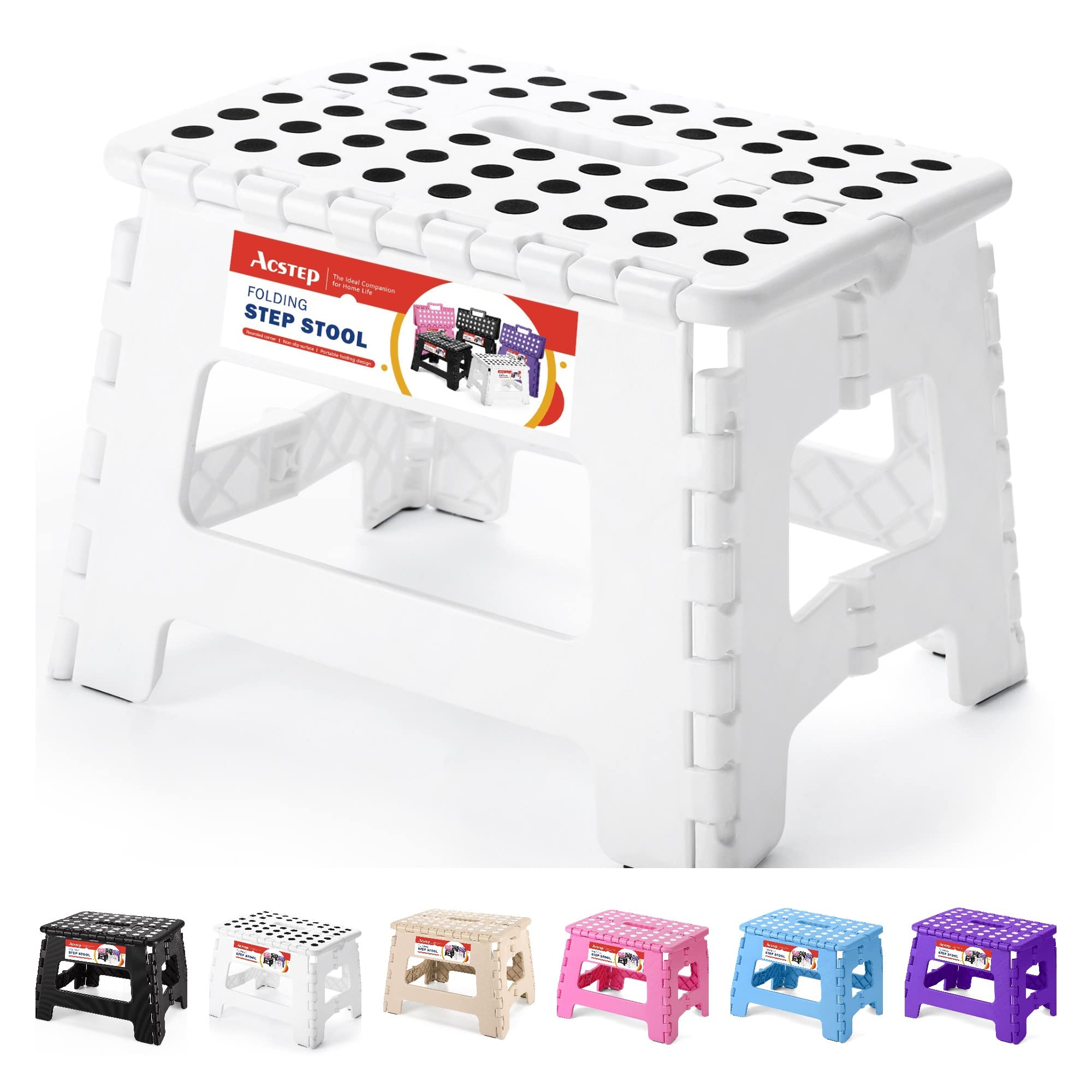 ACSTEP 9 Inch Folding Step Stool 300 LB Capacity Plastic Foldable Step Stools for Kids and Adults, Folding Stool Suitable for Kitchen, Stepping Stool with Handle Bicolor Green Small Step Stool 1PC