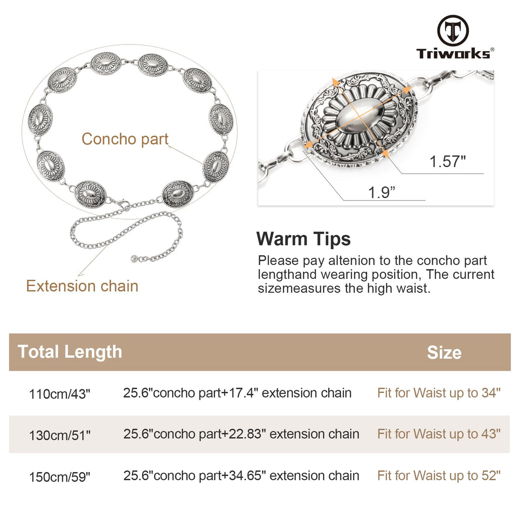 TRIWORKS Western Concho Belt for Women – Gold Chain Cowgirl Boho Belt for Dresses, Jeans & Country Concerts