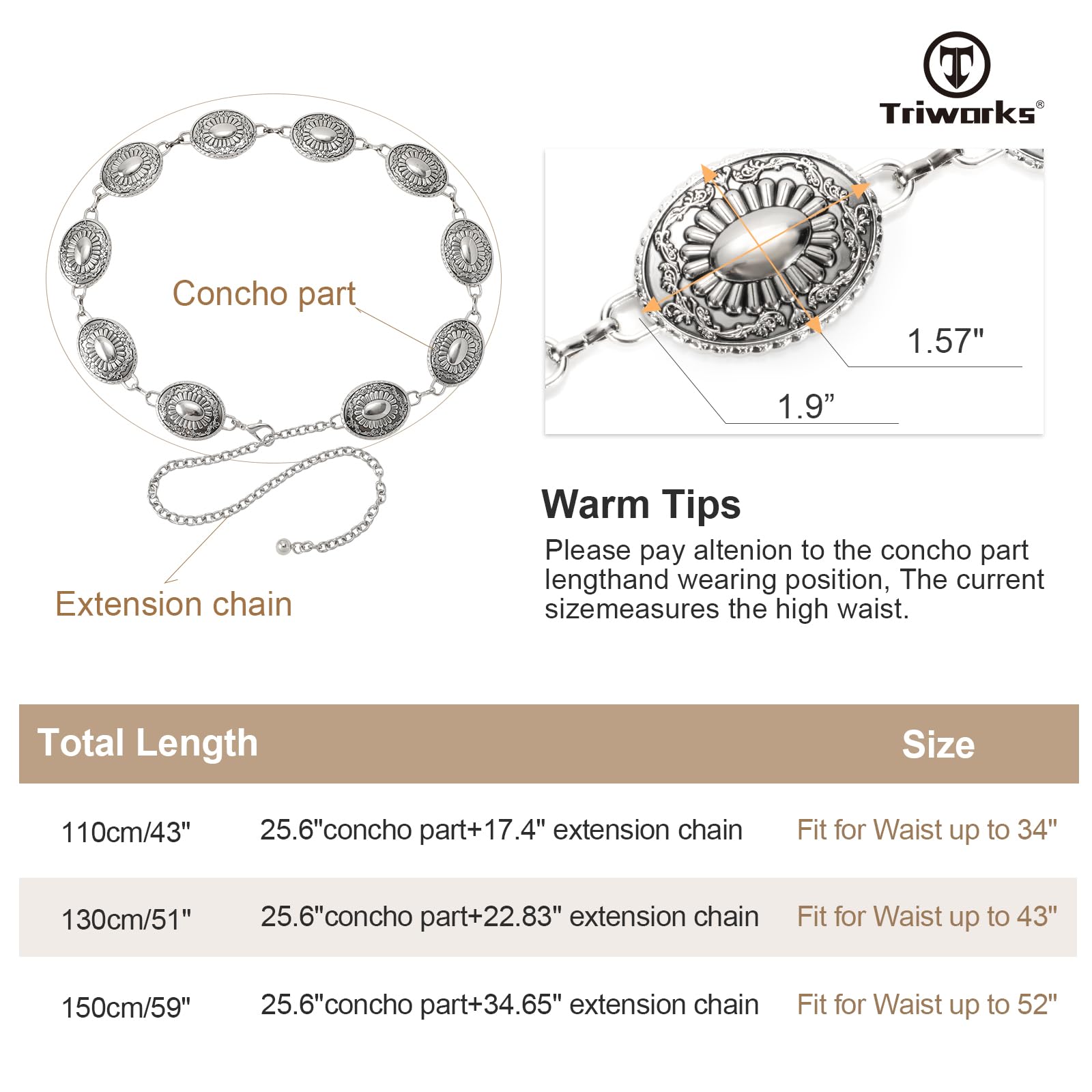TRIWORKS Western Concho Belt for Women – Gold Chain Cowgirl Boho Belt for Dresses, Jeans & Country Concerts