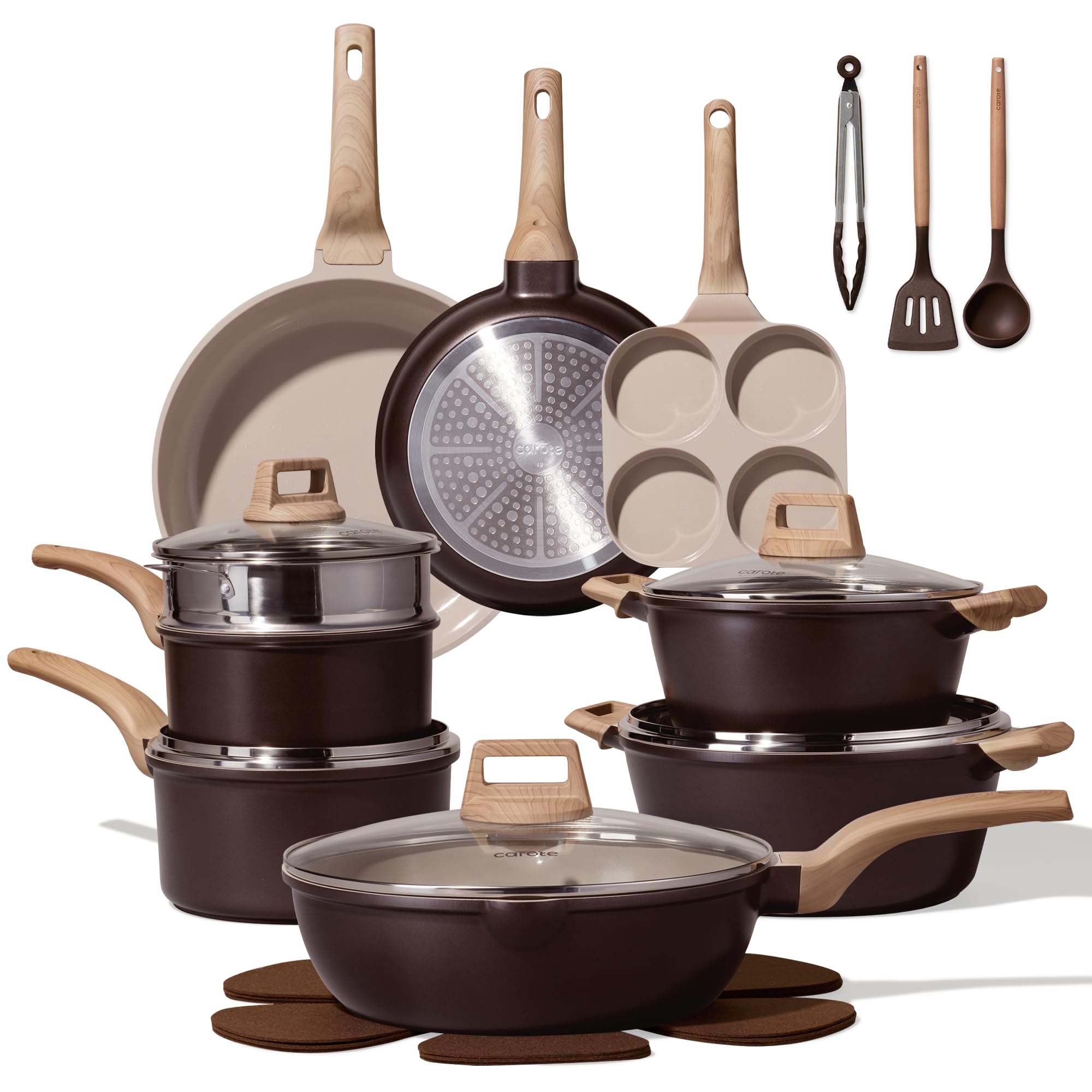 CAROTE 21pcs Pots and Pans Set Nonstick, Cookware Set Black Induction Kitchen Cooking Set w/Frying Pans & Saucepans(PFOS, PFOA Free)