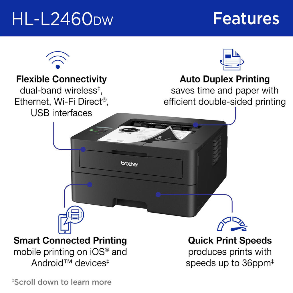 Brother HLL2460DW Printer and TN830XL 2-Pack Black High Yield Toner