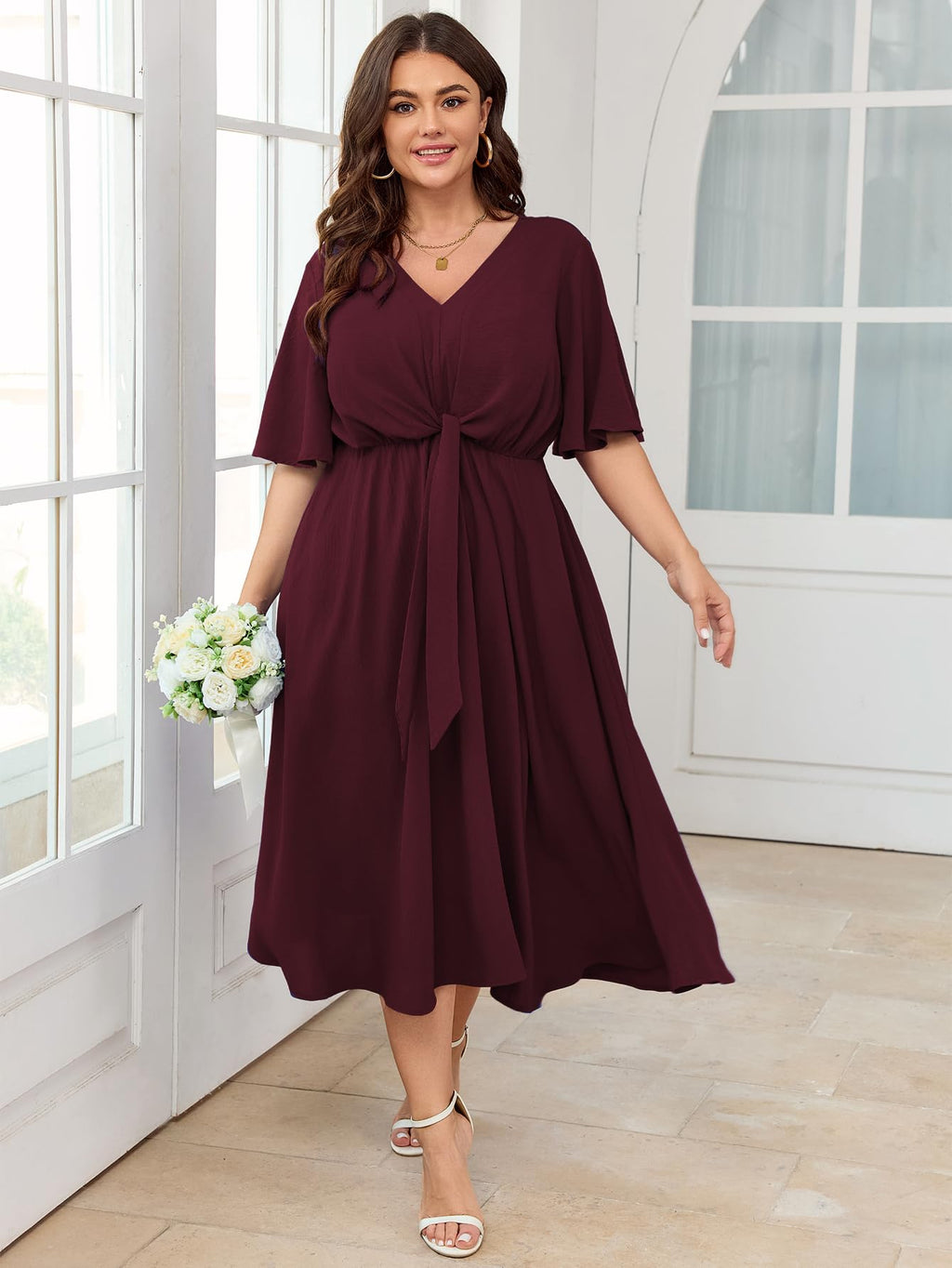 SCOMCHIC Women Plus Size Midi Dresses Wedding Guest Short Sleeve V Neck Tie Waist Casual Summer Flowy A Line Dress