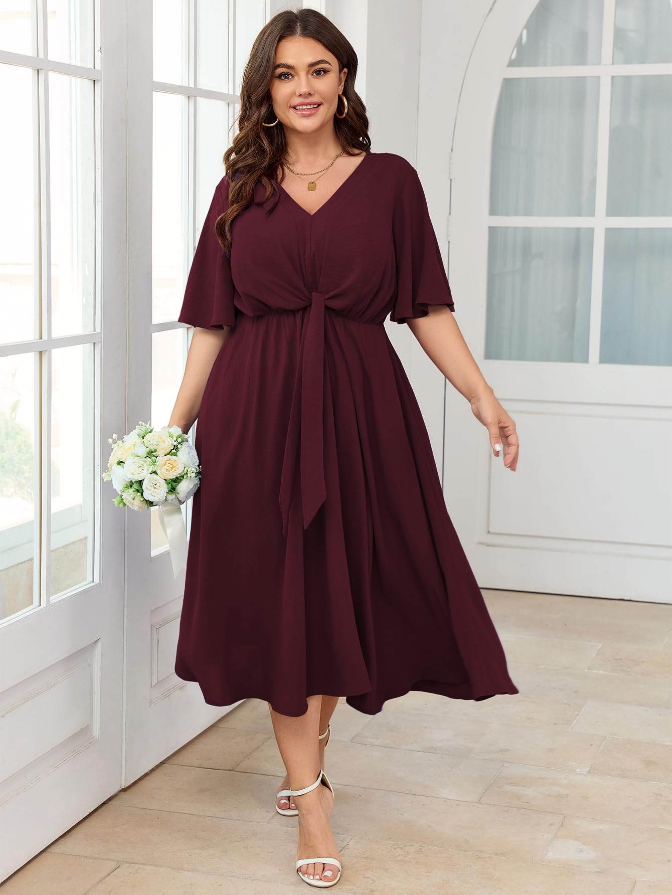 SCOMCHIC Women Plus Size Midi Dresses Wedding Guest Short Sleeve V Neck Tie Waist Casual Summer Flowy A Line Dress