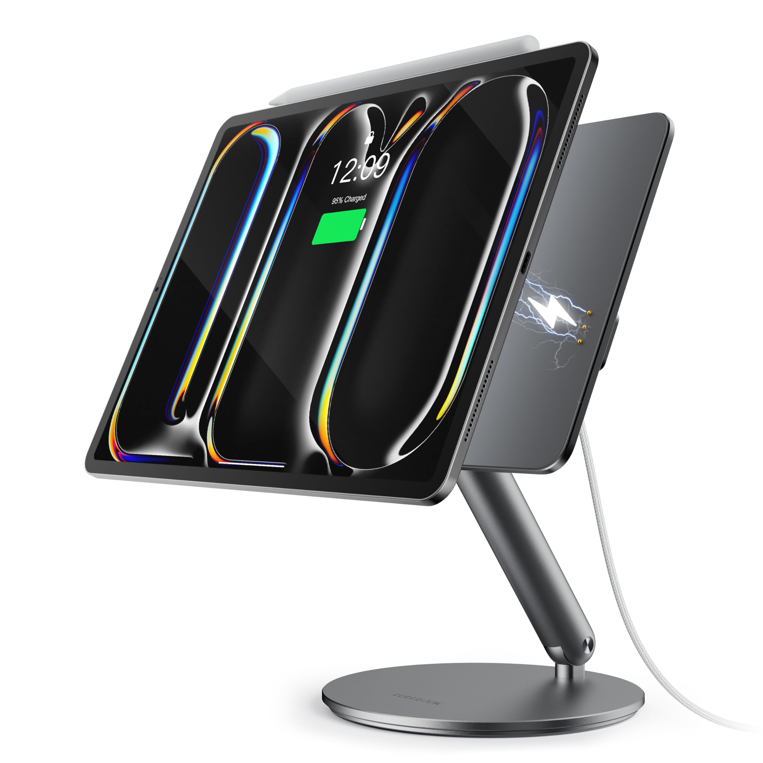 LULULOOK [Upgrade Magnetic Wireless Charging Stand for iPad Air 11" M4 (2026)/M3/M2, Foldable Aluminum Alloy iPad Pro Desk Stand with 360° Rotating Base for Pro 11" 1st/2nd/3rd/4th, Air 10.9 4th/5th