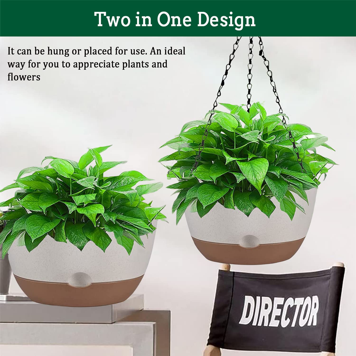 Koalaime Hanging Planter Self Watering 10 Inch, 2 Pack Indoor Outdoor Hanging Baskets, Hanging Flower Pots with Drainage Hole & 2 Kinds of Plant Hangers for Garden Home Decor(Green)…