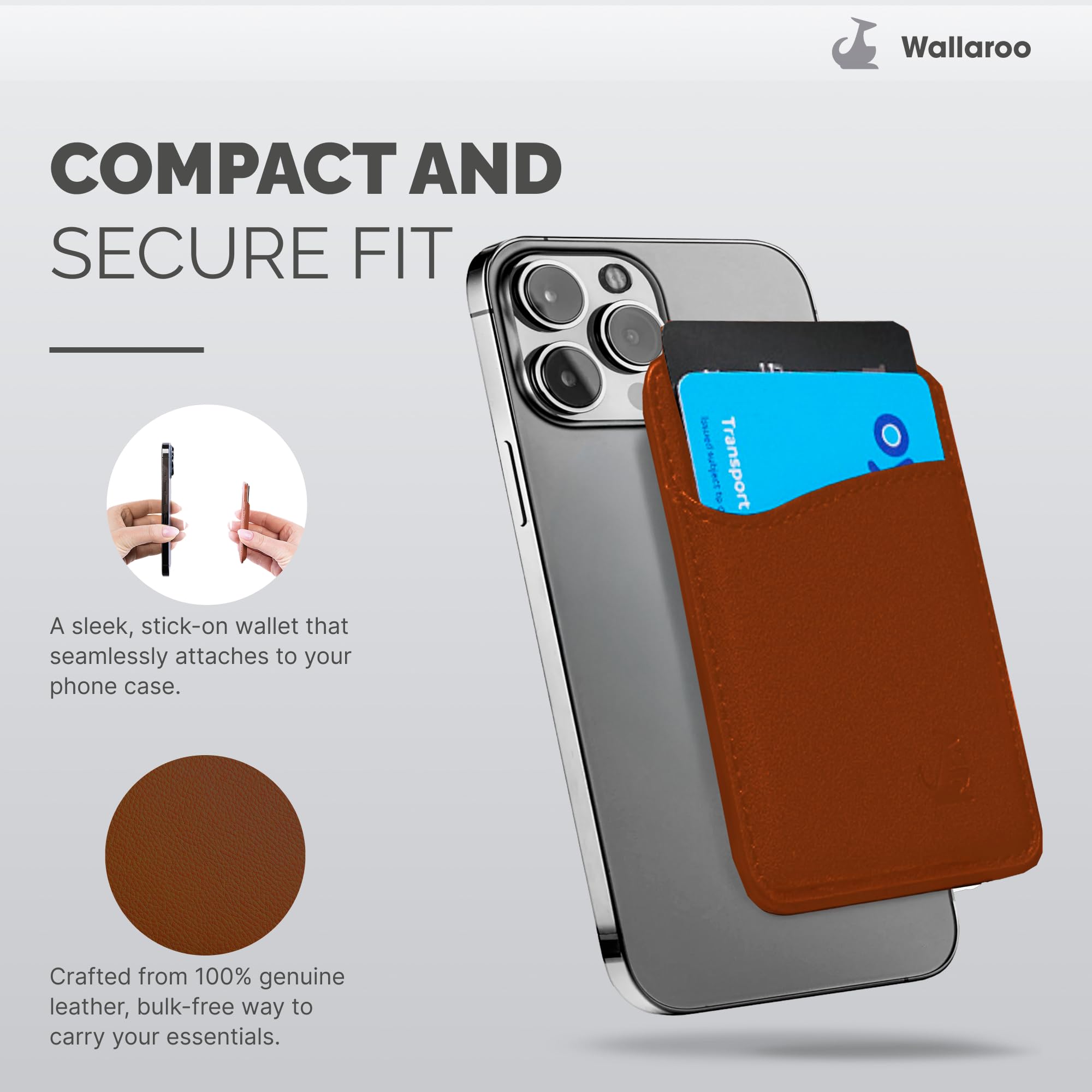 Wallaroo Premium Leather Cell Phone Wallet Stick On - Android and iPhone Wallet and Card Holder for Women and Men - Durable with Non-Slip Lining Secures Up to 3 Cards