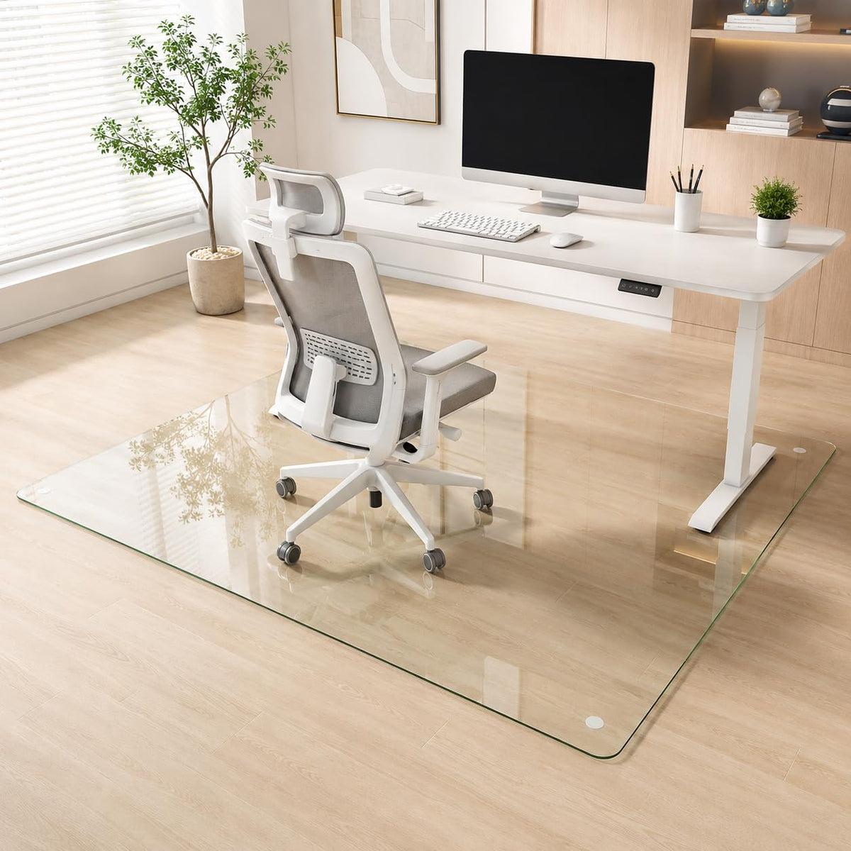 Tempered Glass Chair Mat 48" x 32",1/5" Thick for Office Desk,Rolling Chair Mat for Carpet, Odorless, Easy to Clean with 4 Non-Slip Pads for Carpet & Hardwood Floors