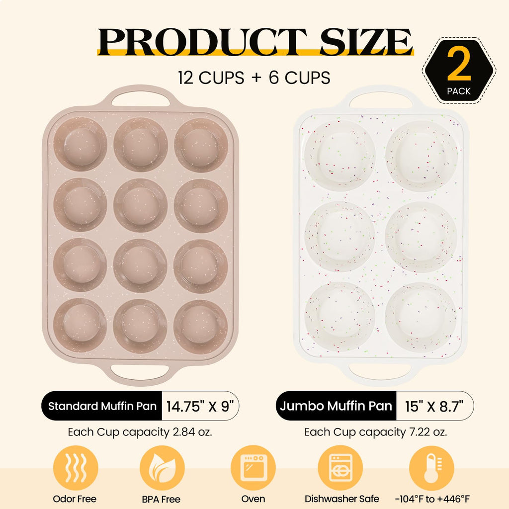 Vinino Silicone Muffin Pans for Baking with Metal Reinforced Frame, 12 Cups Regular Size Nonstick Brown Silicone Cupcake Pan, BPA Free Oven Dishwasher Safe Baking Mold for Muffins Cupcakes
