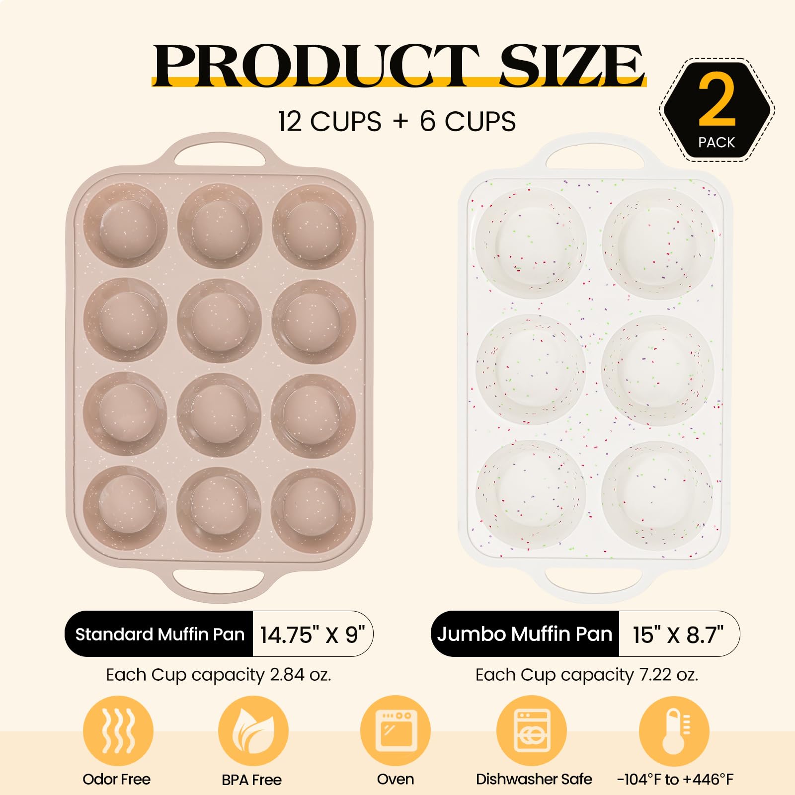 Vinino Silicone Muffin Pans for Baking with Metal Reinforced Frame, 12 Cups Regular Size Nonstick Brown Silicone Cupcake Pan, BPA Free Oven Dishwasher Safe Baking Mold for Muffins Cupcakes