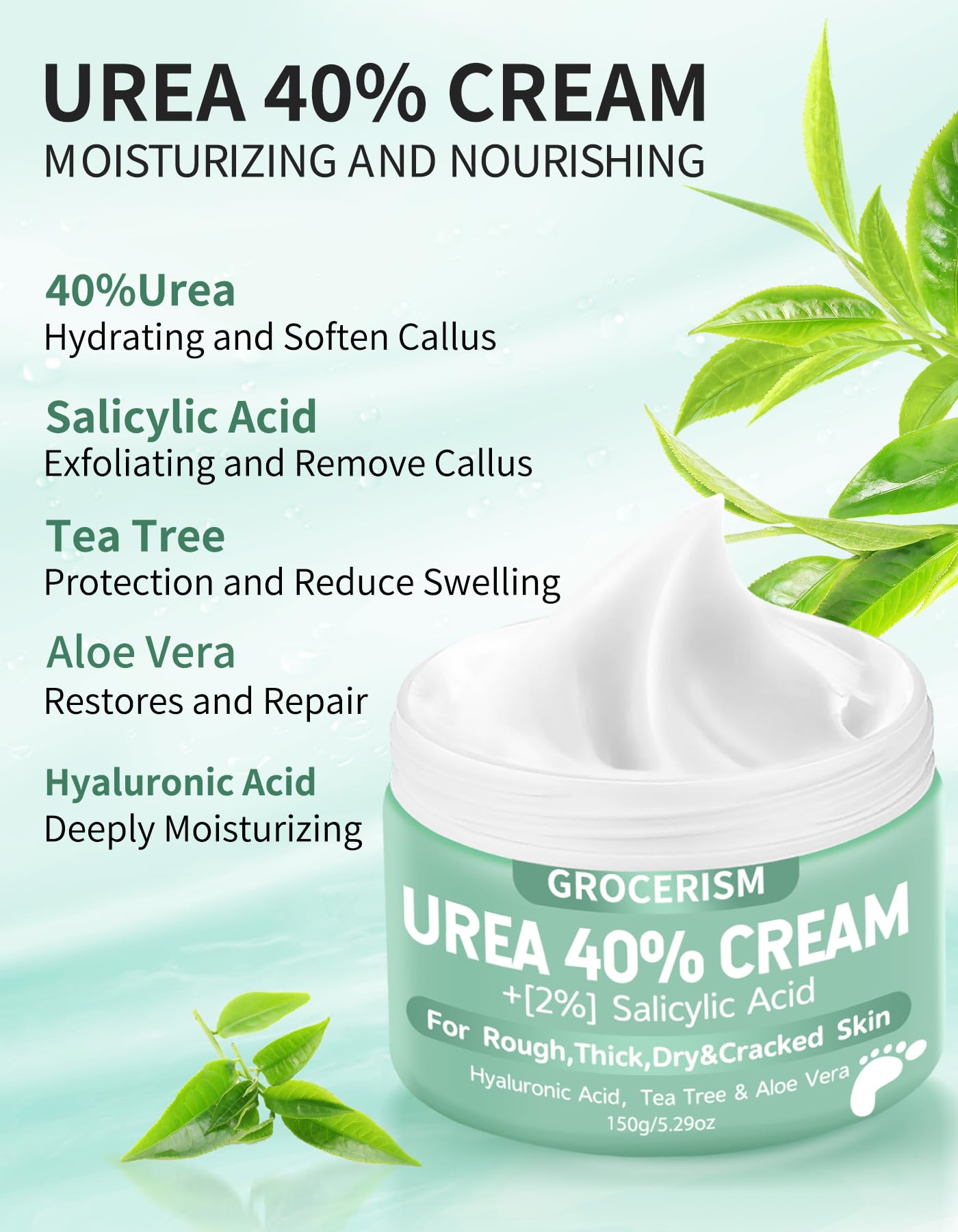 Urea Cream 20 Percent For Feet Plus 2% Salicylic Acid 150g || Foot Cream and Hand Cream Maximum Strength with Hyaluronic Acid, Tea Tree, and Aloe Vera for Deep Moisturizes