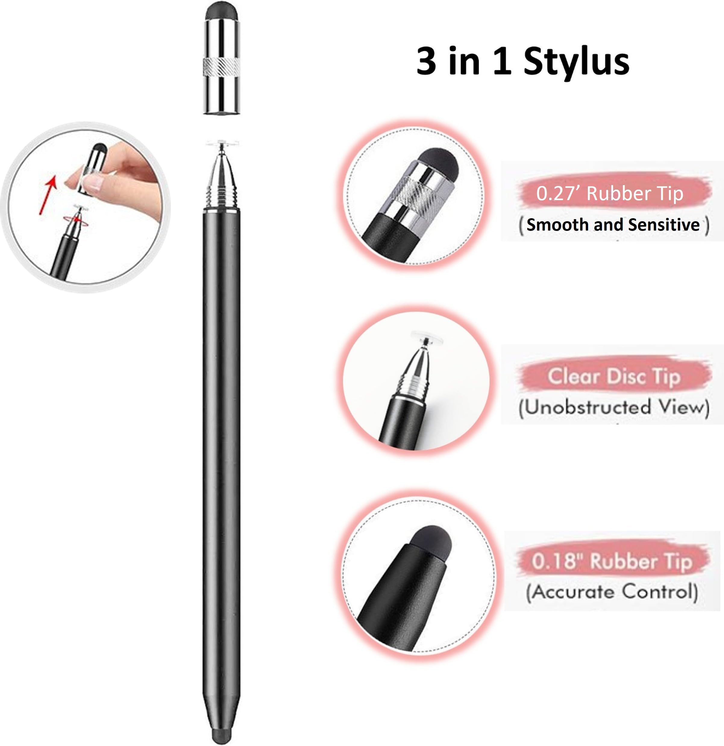 3-in-1 Stylus Pen for Samsung Galaxy Tab A11/A11+/A9+/A9/A8/A8 Plus/A7/A7 Lite, Stylus for iPad Pro/iPhone/Fire/Surface Tables Android,&iOS All Touch Devices (3 in 1 Black)