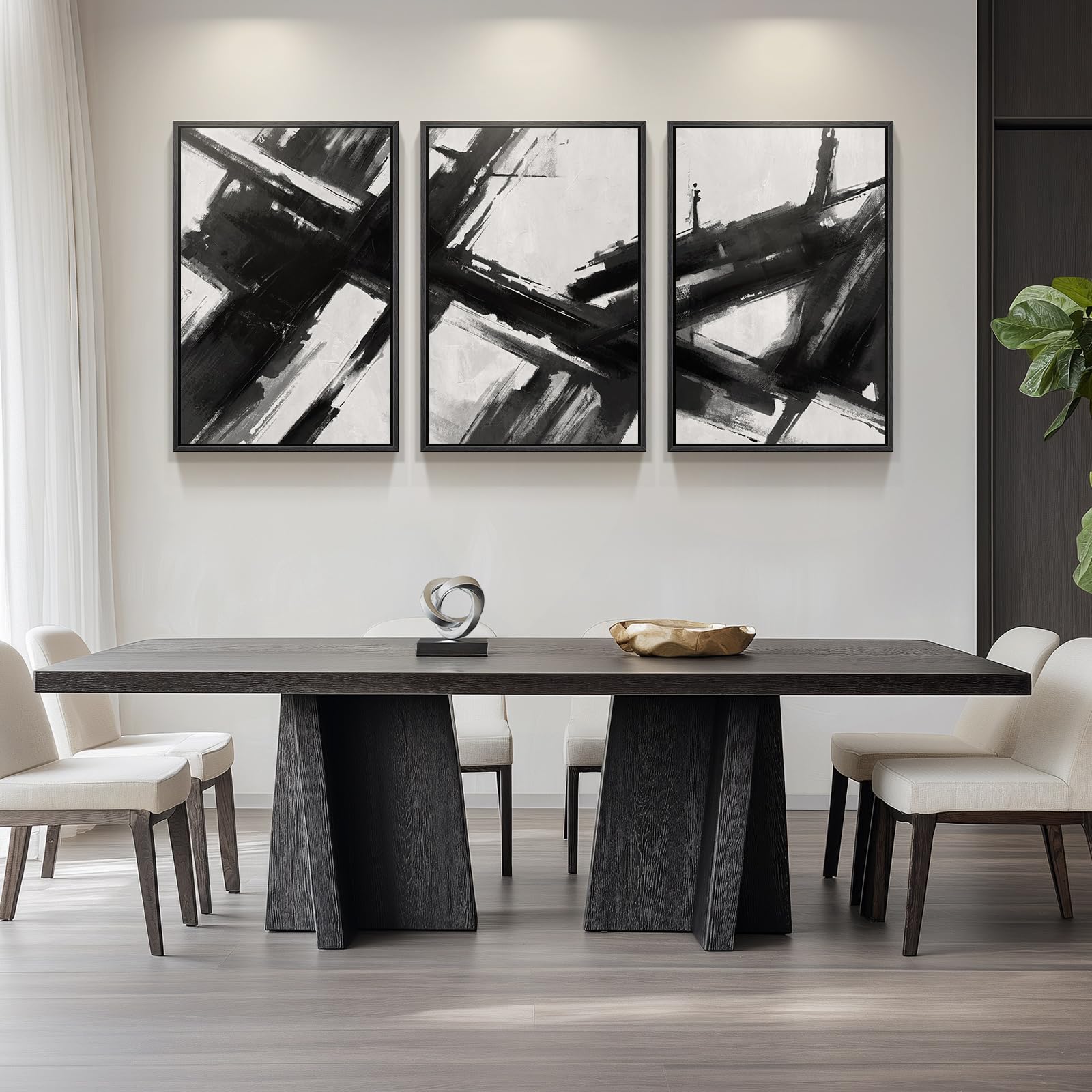 Framed Black and White Modern Abstract Wall Art, 3 Piece Canvas Prints Paintings Artwork for Walls, Minimalist Black White Grey Pictures for Living Room Dining Room Bedroom Office Wall Decor 16x24 In