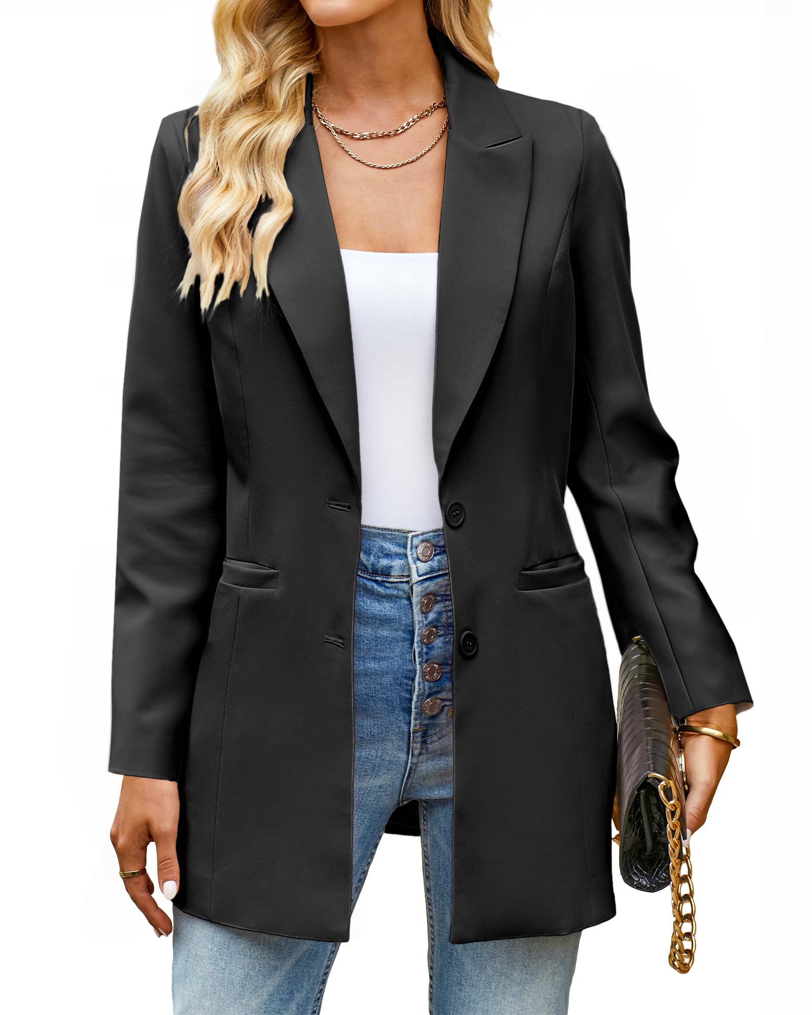 luvamia Blazers for Women Business Casual Long Blazer Jackets Dressy Work Professional Office Outfits Lapel Pockets