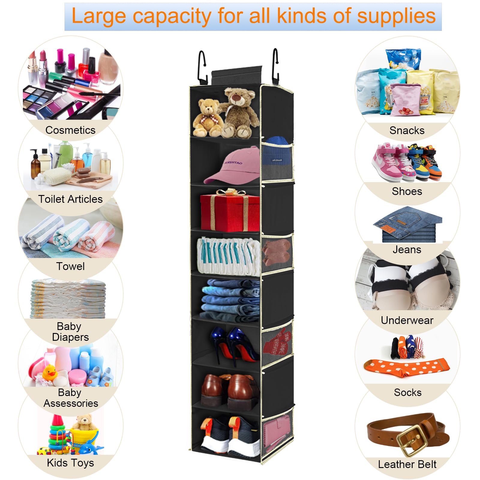 Large-Sized Hanging Shoe Organizer 8-Shelf, Hanging Closet Organizer with 8 Side Pockets, Wider Hanging Shelves for Storage Shoes Clothes 9" W × 11.8" D× 48" H, Beige.