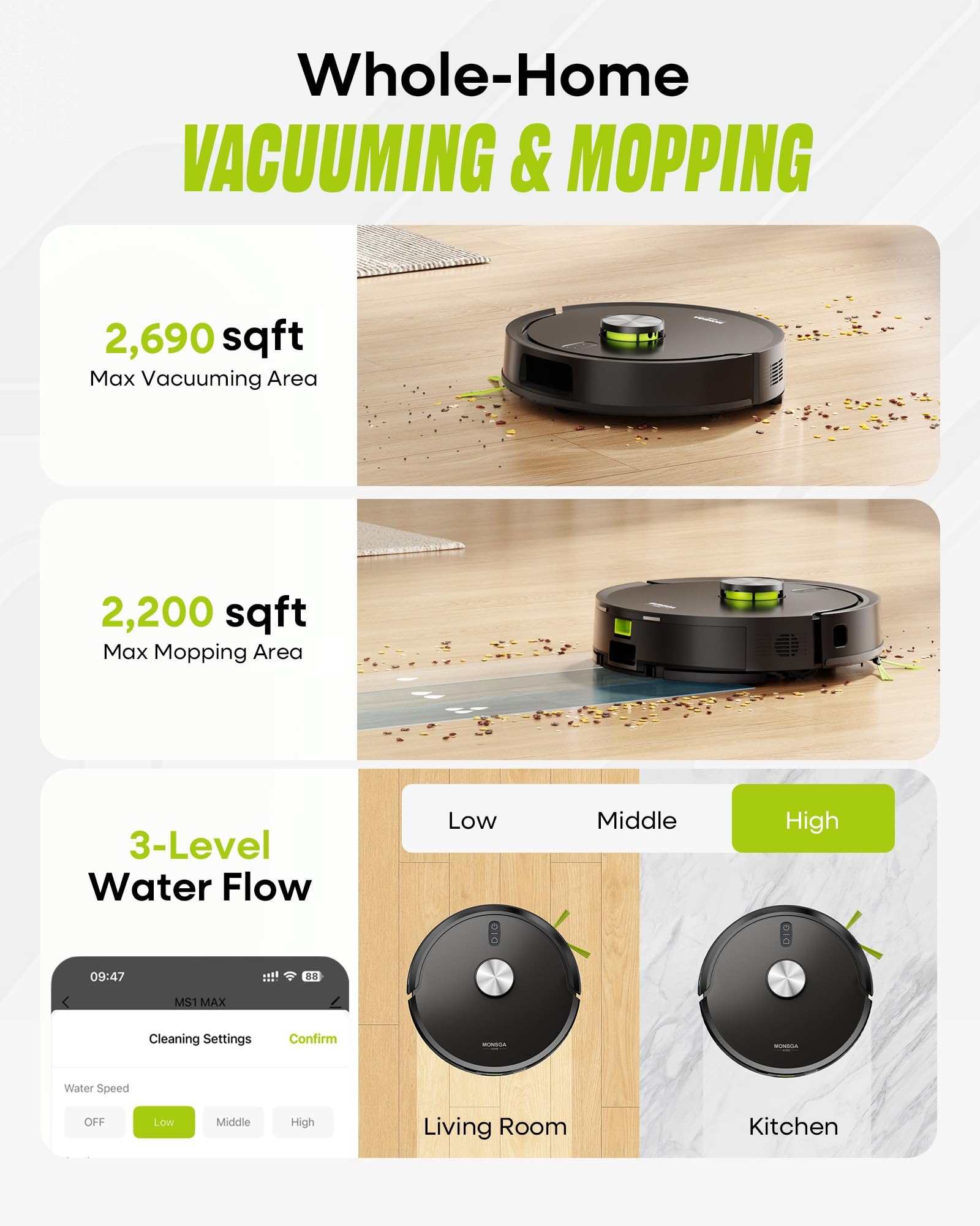 MONSGA Robot Vacuum and Mop, 90 Days Self-Emptying Robotic Vacuum, 8000Pa Suction, Dual Anti-Tangle, LiDAR Navigation, Self-Charging, WiFi/App/Alexa Control, Vacuums for Pet Hair Carpet Hard Floor