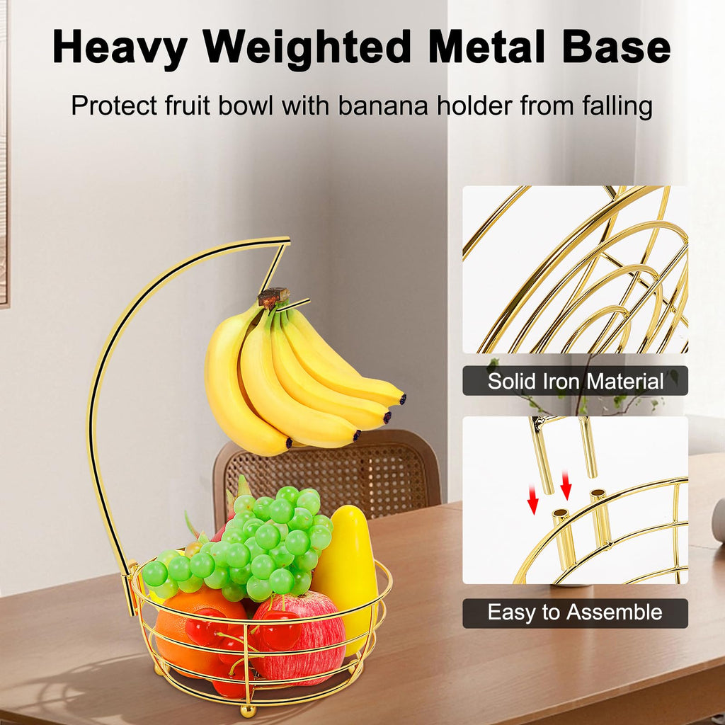 Countertop Fruit Basket Bowl with Banana Hanger, Modern Standing Fruit Vegetable Bowl Storage, with Banana Tree Holder for Kitchen Dinning Table (Round Marble, Black)