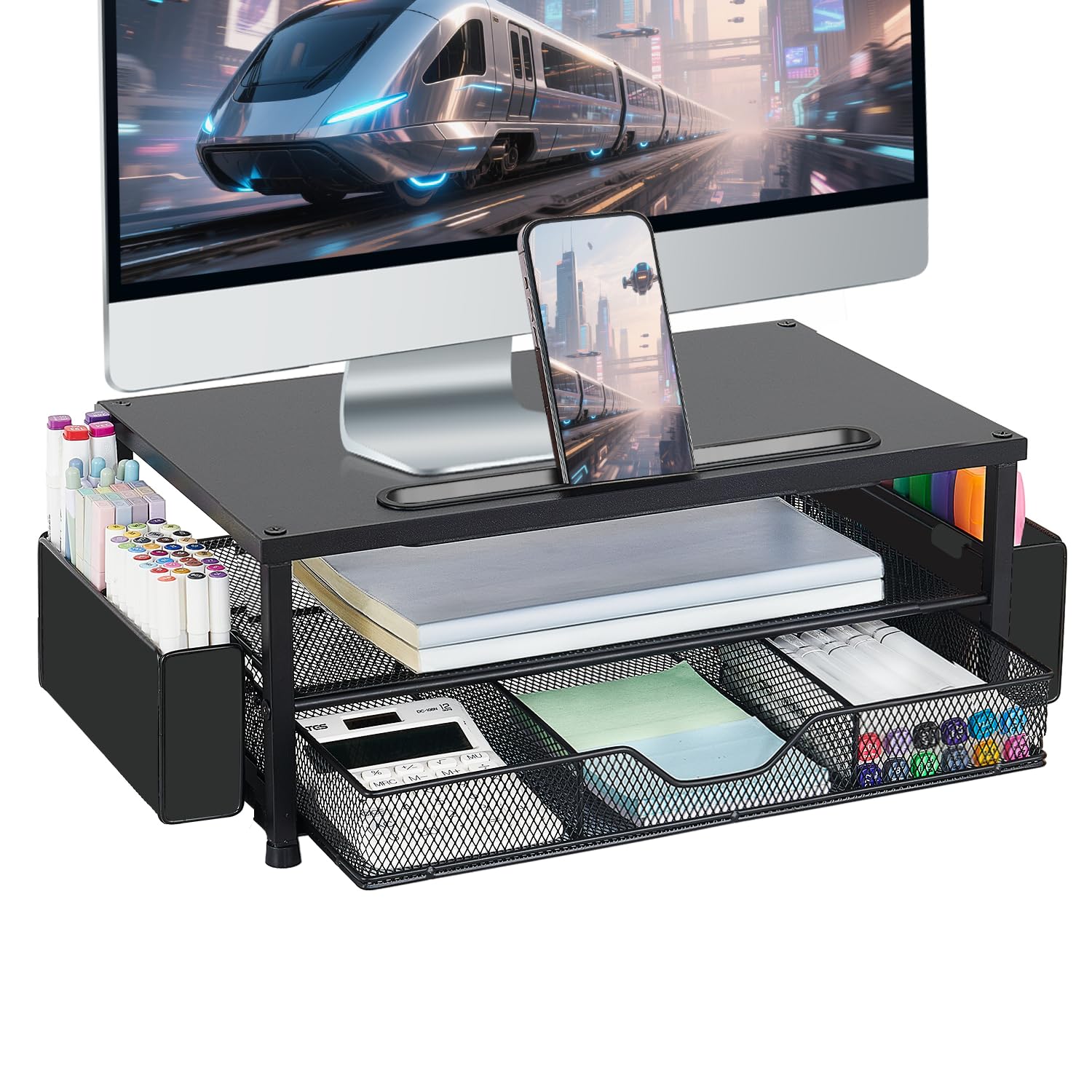 AUPSEN 2 Tier Computer Monitor Stands with Drawer and 2 Pencil Holder, Metal Monitor Stand Monitor riser, Computer Desk Organizer and Accessories for Laptop, Computer, Printer, Office Supplies(Black)