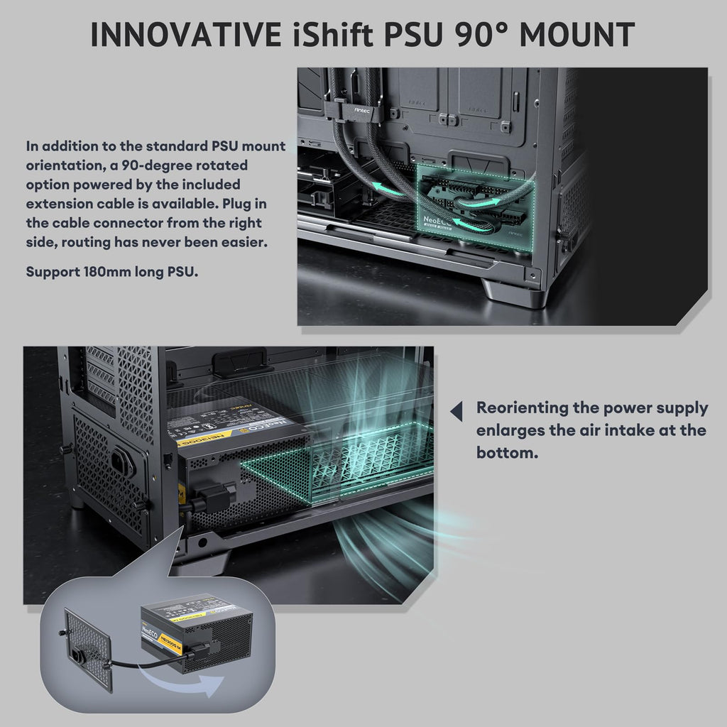 Antec Flux Pro, 6 x PWM Fans Included, High-Airflow Front Panel with Walnut Wood, iShift PSU 90° Mount, USB3.0 x 2, Type-C, 420mm Radiator Support, Temp. Display, Full-Tower E-ATX PC Case