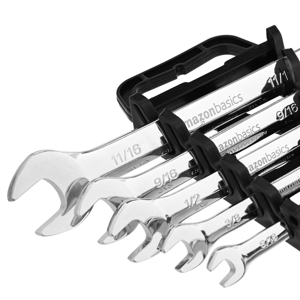 Amazon Basics 72-Tooth Ratcheting Combination Wrench Set, Chrome Vanadium Steel Flexible Head, 5-Piece SAE Sizes 5/16", 3/8", 1/2", 9/16", 11/16", Chrome Finish
