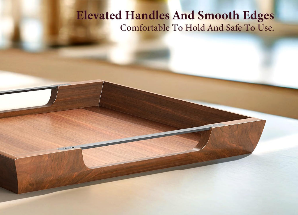 Acacia Wood Serving Tray with Metal Handles, 17x13in Food Drinks Tray for Coffee Table, Breakfast, Dinner & Bar, Rustic Decorative Storage Tray for Ottoman, Kitchen, Elegent Gift for Father