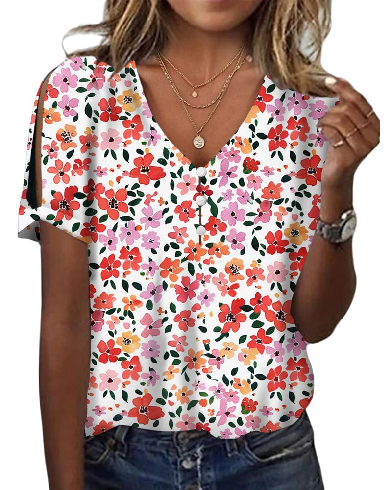 HOTYD Women's Boho Floral Print Ladies Short Sleeve Tops Summer Blouses Dressy Casual V Neck Cold Shoulder Tunic Tops