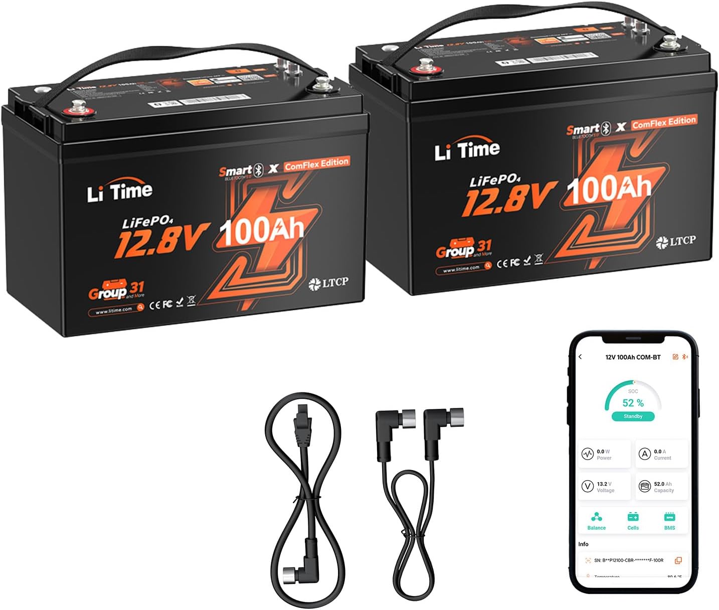 LiTime Pack of 2 Lithium Battery 12V 100Ah LiFePO4 with Bluetooth Compatible Victron, CAN/RS485, BMS 100A, 4000-15000 Cycles, Temperature Protection, Ideal for Motorhomes, Boats and Off-Grid Systems
