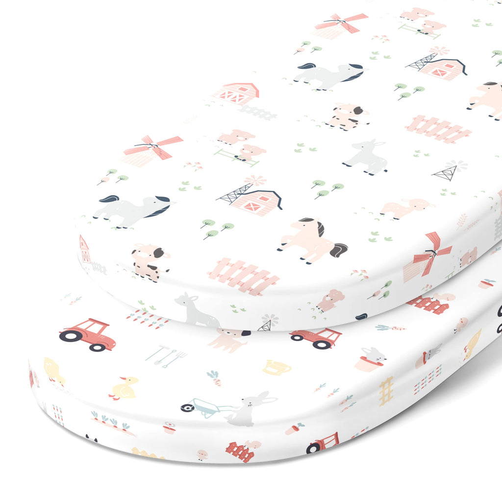 Joey + Joan Bassinet Sheets Compatible with 4moms Mamaroo Sleep Bassinet - Fits 18 x 30 Inch Oval Bassinet Mattress – Buttery Soft 100% Cotton – 2 Pack – Farm Animals – 2 Pack