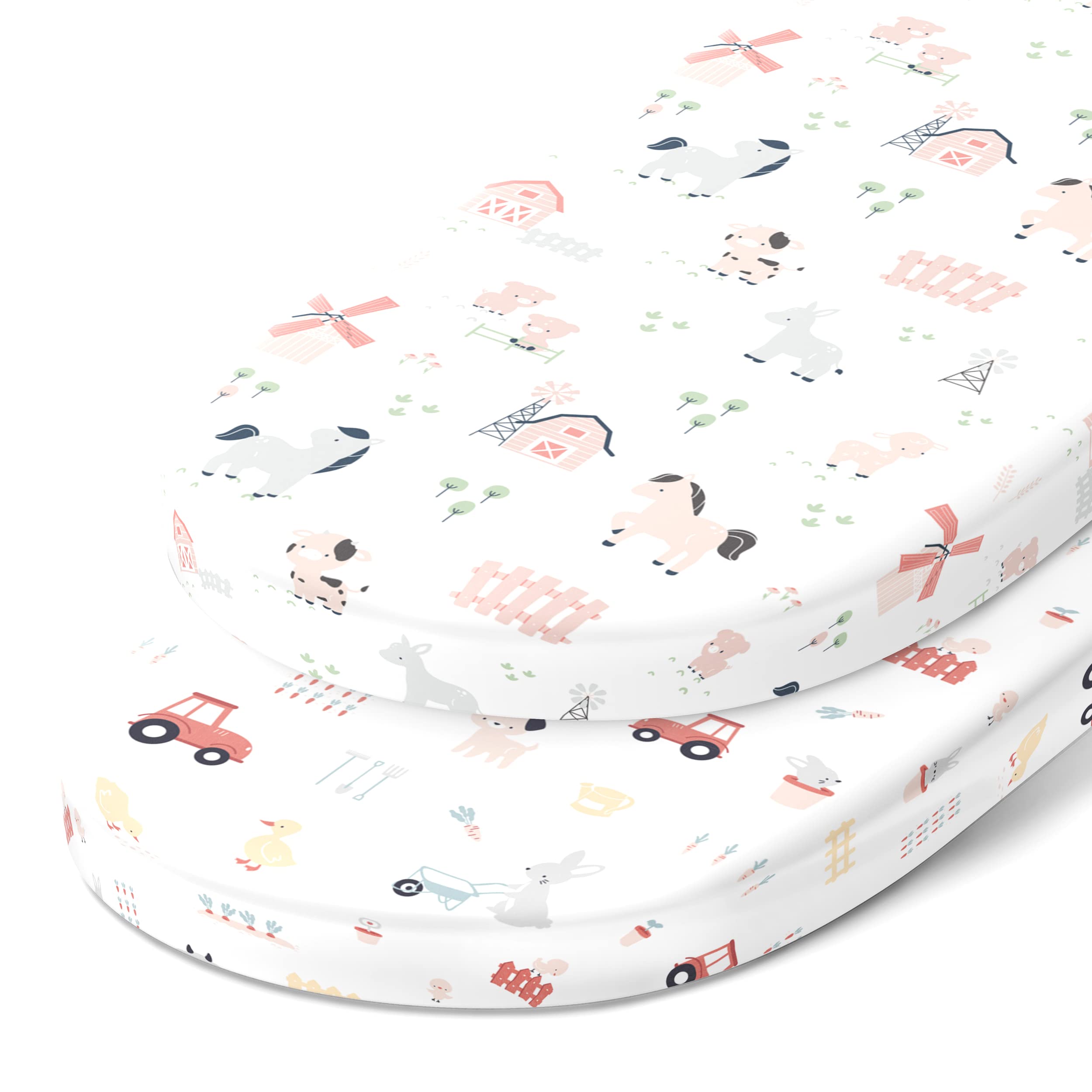 Joey + Joan Bassinet Sheets Compatible with 4moms Mamaroo Sleep Bassinet - Fits 18 x 30 Inch Oval Bassinet Mattress – Buttery Soft 100% Cotton – 2 Pack – Farm Animals – 2 Pack