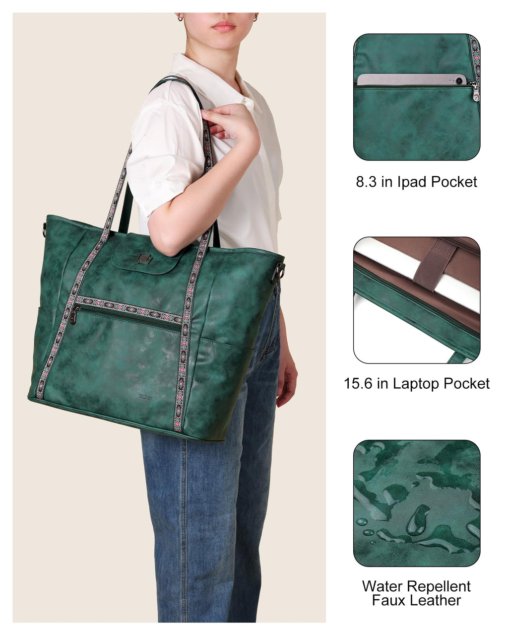 FADEON Large Laptop Tote Bag for Women Designer Leather Laptop Bag Fashion Travel Backpack Purse Shoulder Handbag