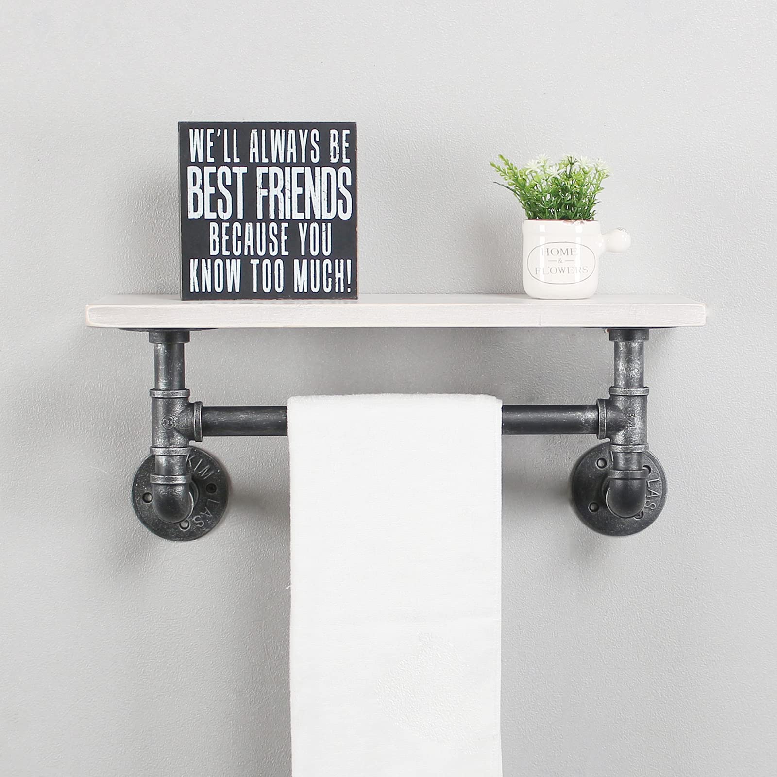 MBQQ Industrial Pipe Shelf Bathroom Shelves Wall Mounted,19.6in Rustic Wood Shelf with Towel Bar,1 Tier Farmhouse Towel Rack,Pipe Shelving Floating Shelves Towel Holder,Black & White