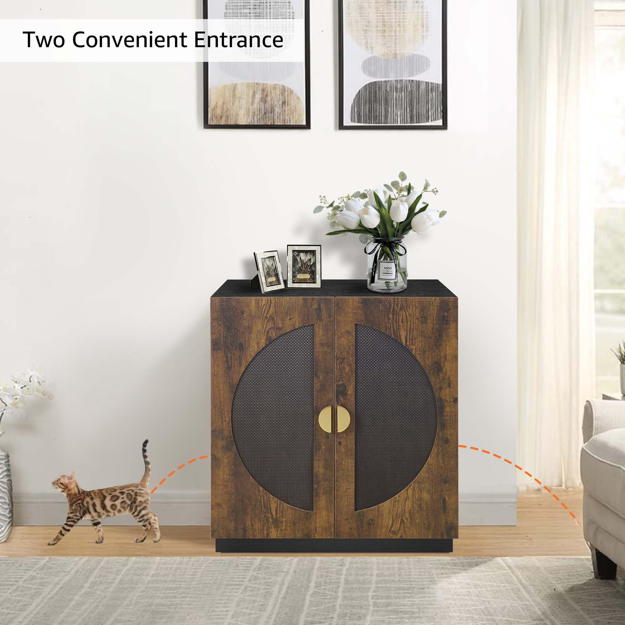 unipaws Extra Large Cat Litter Box Enclosure for Self-Cleaning & Automatic Litter Boxes, Tall Cabinet with Charging Station, Wooden Dog Proof Hidden Cat House for Top Entry Litter Box