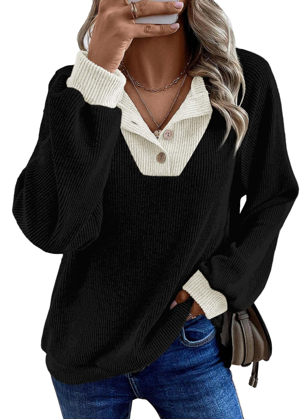 EVALESS Womens Fall Fashion 2026 Womens Long Sleeve Shirts Patchwork Button Up V Neck Sweatshirt Casual Pullover Tops