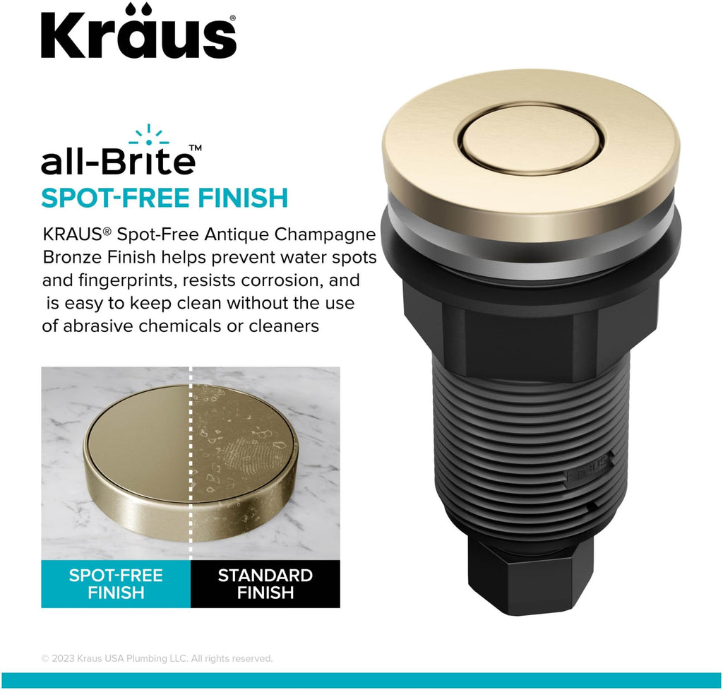 KRAUS Garbage Disposal Air Switch Kit with 2 Flat-Top Push Buttons in in Spot-Free Stainless Steel and Brushed Brass, AC Adapter, Power Cord, and Air Tube Included, KWDA-200BB