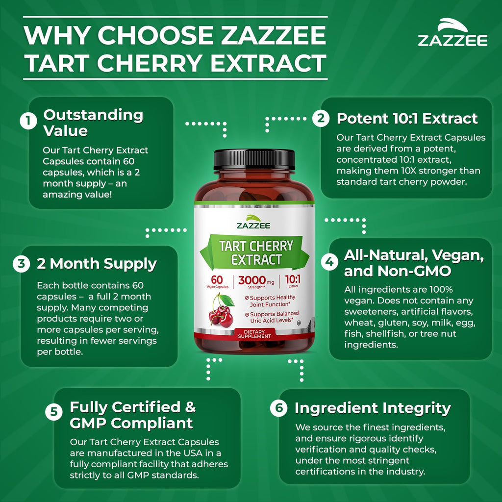 Zazzee Tart Cherry 10:1 Extract, 60 Vegan Capsules, 2 Month Supply, Montmorency Cherry, Certified Kosher, Joint & Uric Acid Support, Antioxidant Support Formula, Non-GMO, Made in the USA