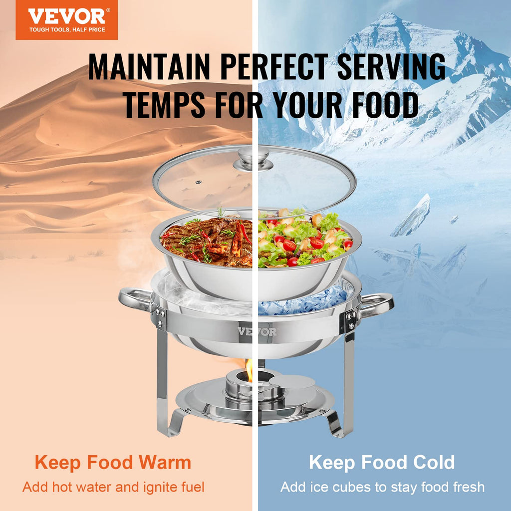 VEVOR Chafing Dish Buffet Set, 5 Qt 4 Pack, Stainless Steel Chafer with 4 Full Size Pan, Round Catering Warmer Server with Glass Lid Water Pan Folding Stand Fuel Holder, for Wedding Banquet, Gold
