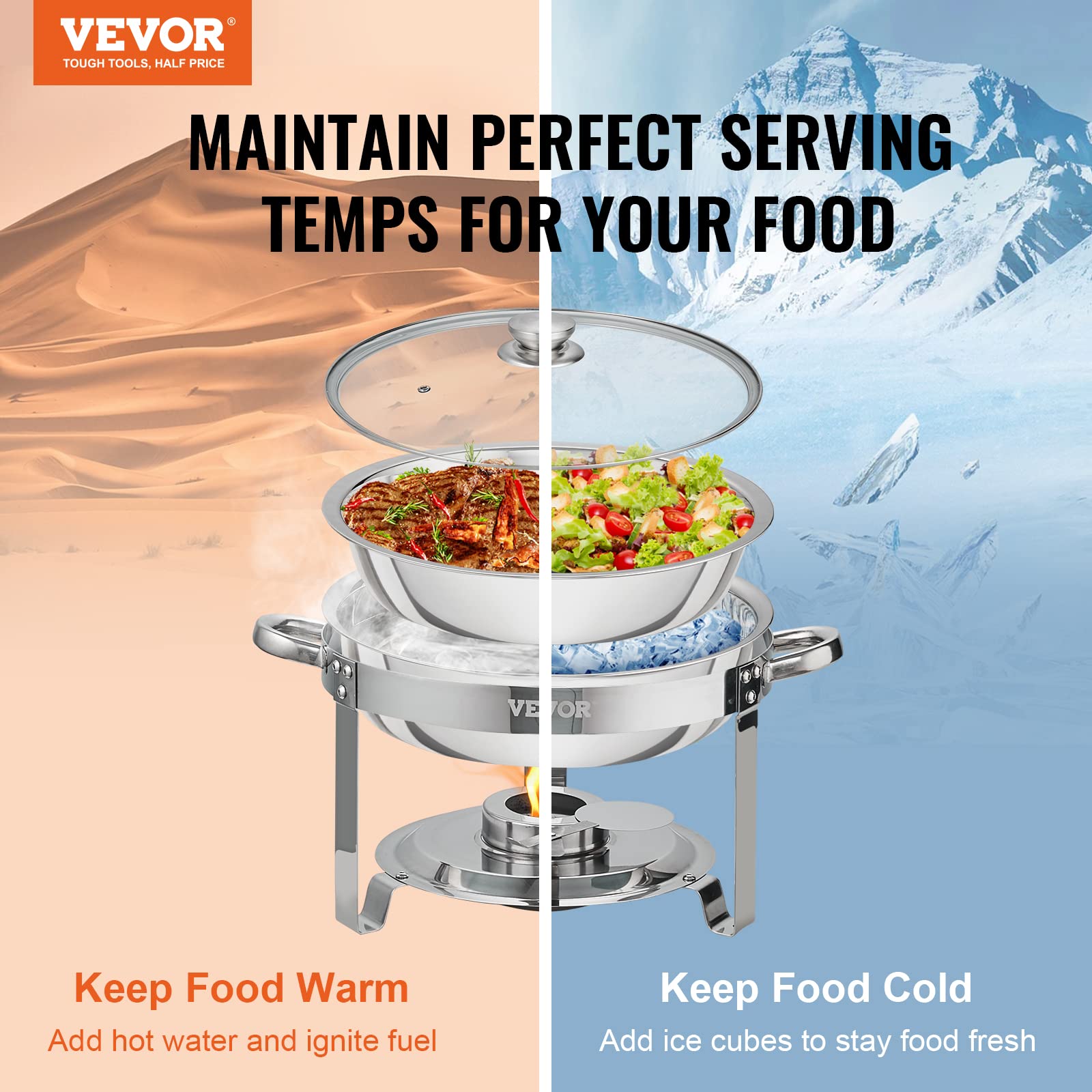 VEVOR Chafing Dish Buffet Set, 5 Qt 4 Pack, Stainless Steel Chafer with 4 Full Size Pan, Round Catering Warmer Server with Glass Lid Water Pan Folding Stand Fuel Holder, for Wedding Banquet, Gold
