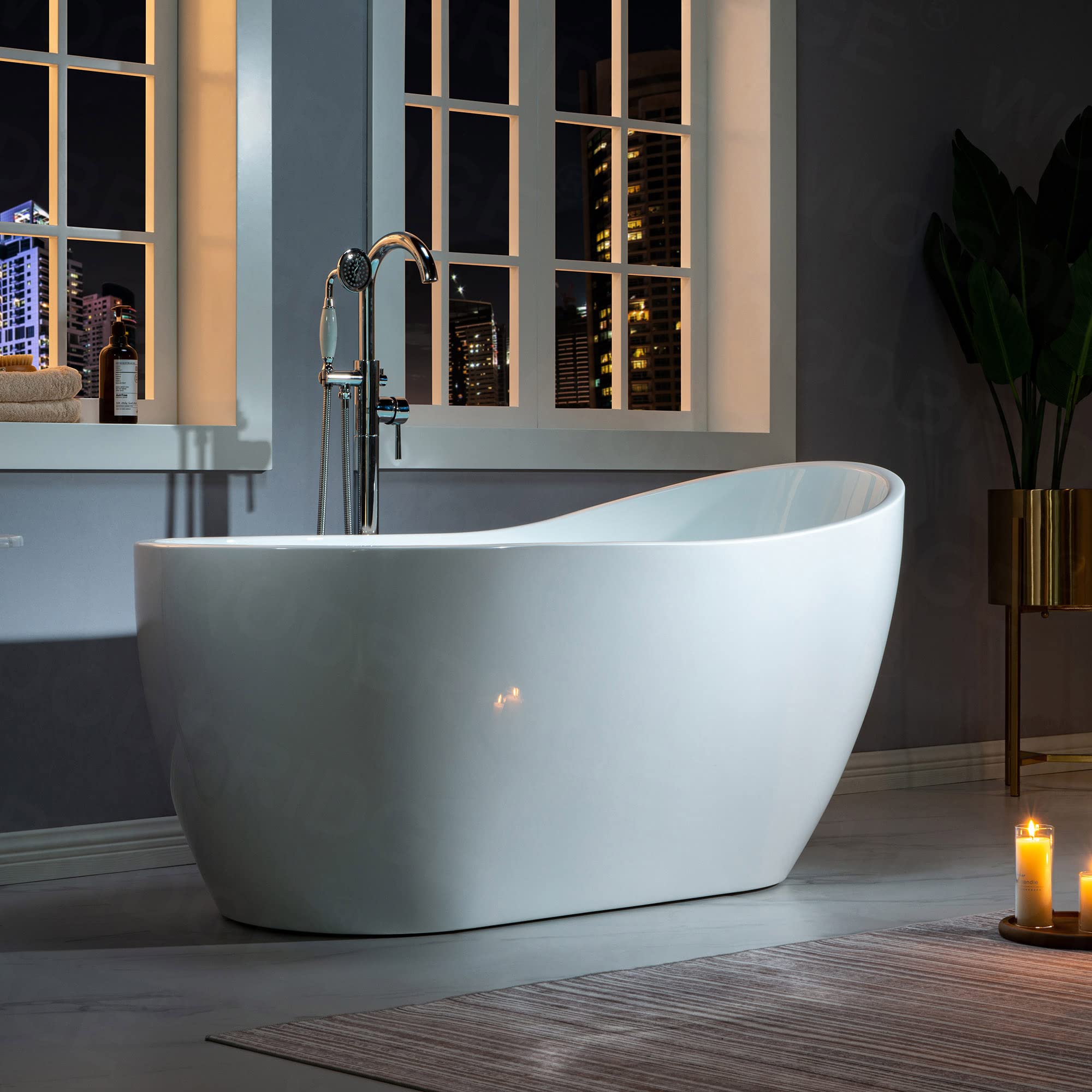 WOODBRIDGE 59" Acrylic Freestanding Bathtub Contemporary Soaking White Tub with Brushed Gold Overflow and Drain， B1530 -BG-Drain &O